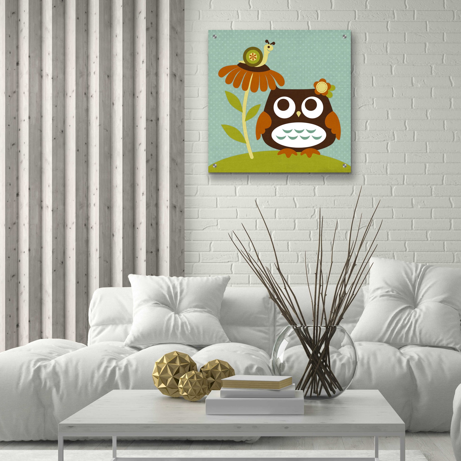 Epic Art 'Owl Looking at Snail' by Nancy Lee, Acrylic Glass Wall Art,24x24