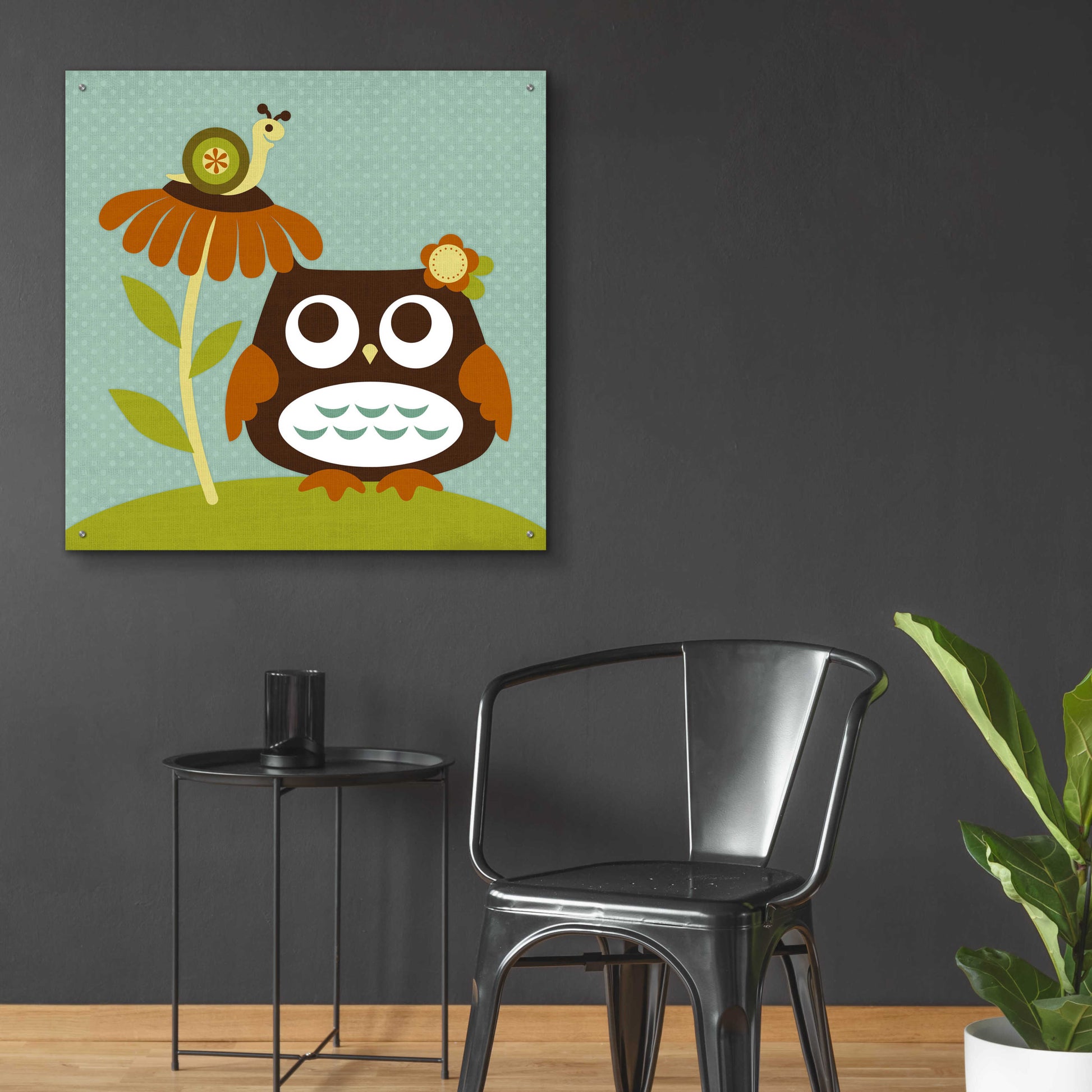 Epic Art 'Owl Looking at Snail' by Nancy Lee, Acrylic Glass Wall Art,36x36