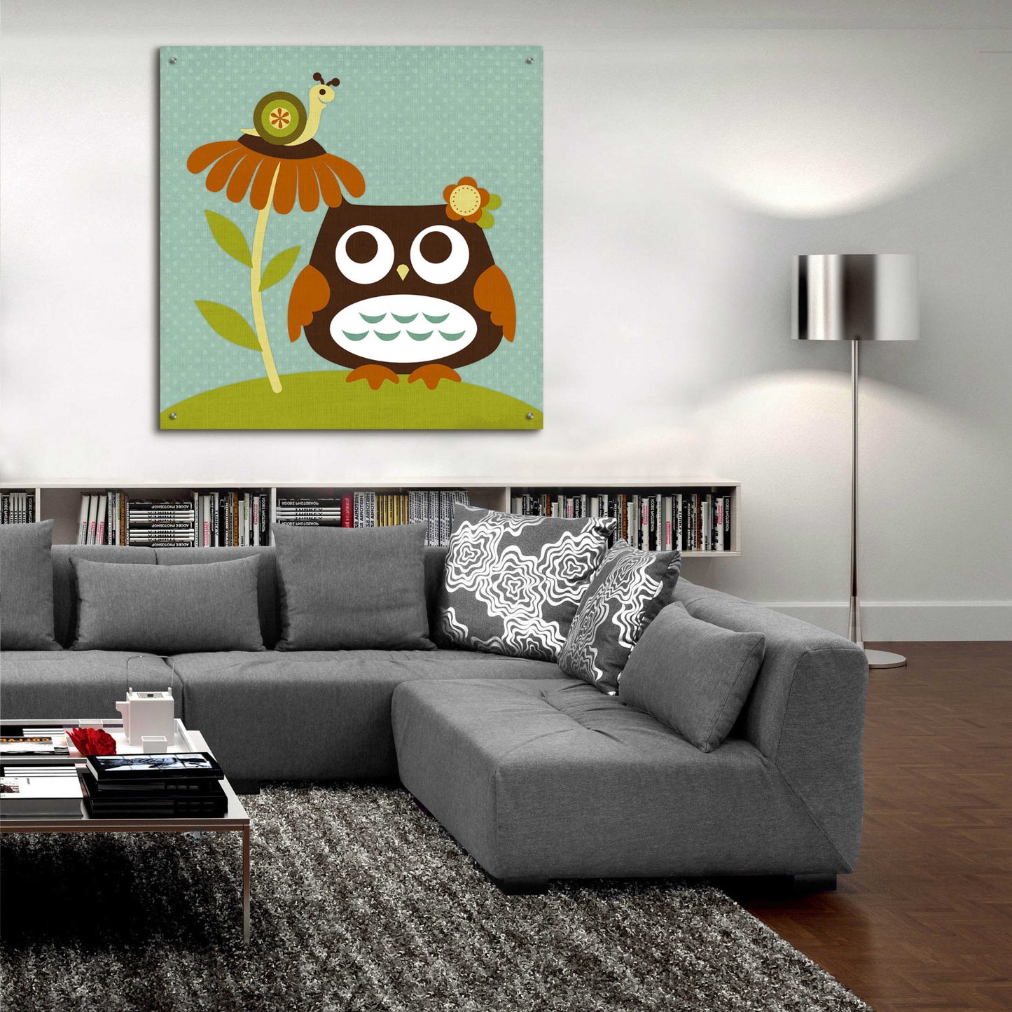 Epic Art 'Owl Looking at Snail' by Nancy Lee, Acrylic Glass Wall Art,36x36