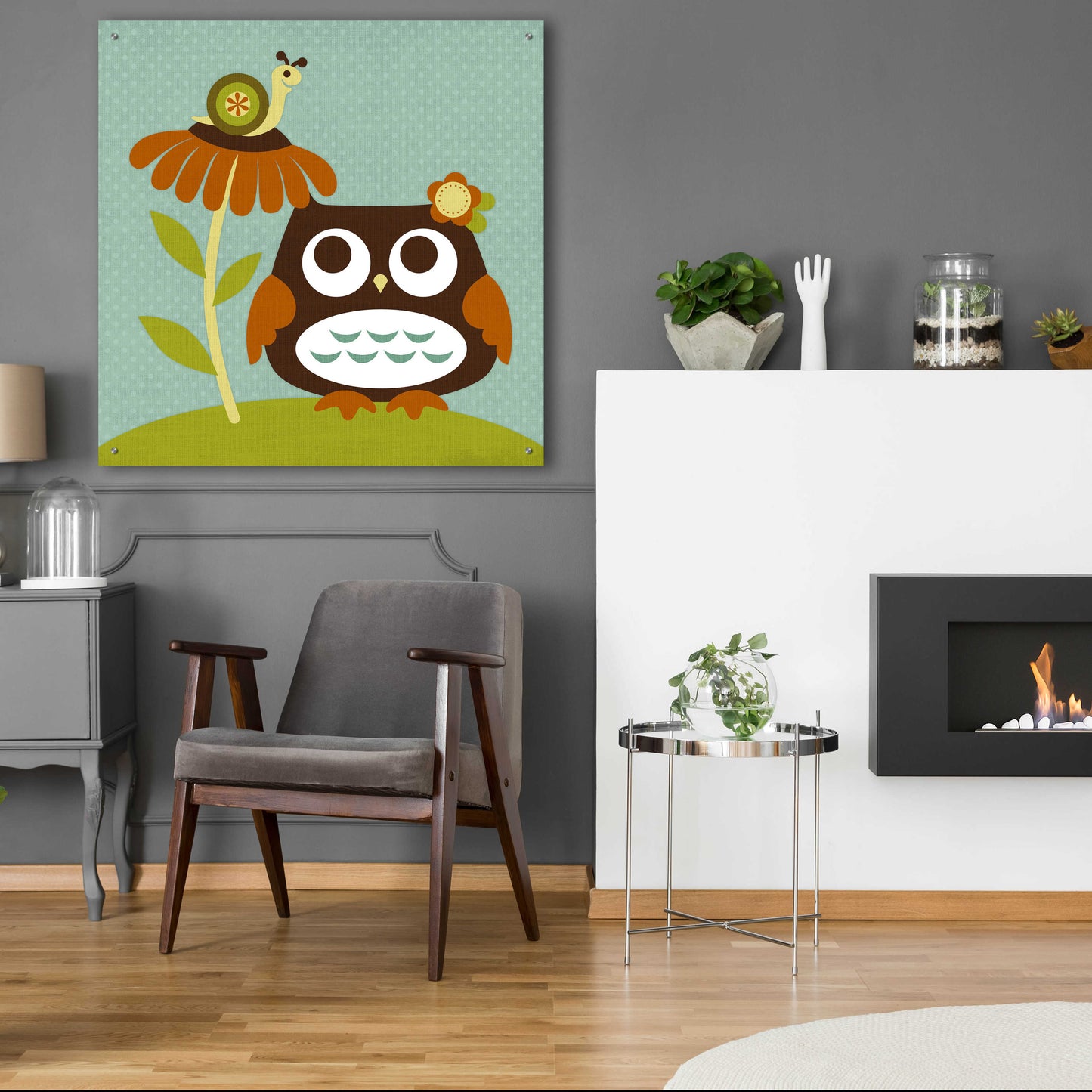 Epic Art 'Owl Looking at Snail' by Nancy Lee, Acrylic Glass Wall Art,36x36