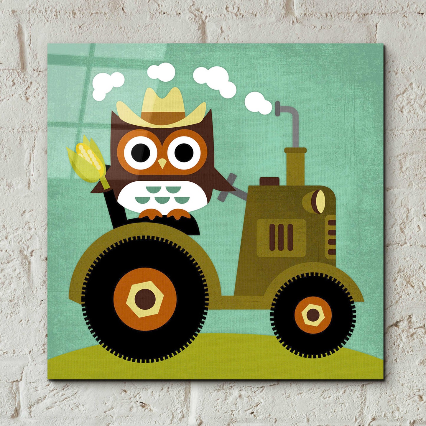 Epic Art 'Owl on Tractor' by Nancy Lee, Acrylic Glass Wall Art,12x12