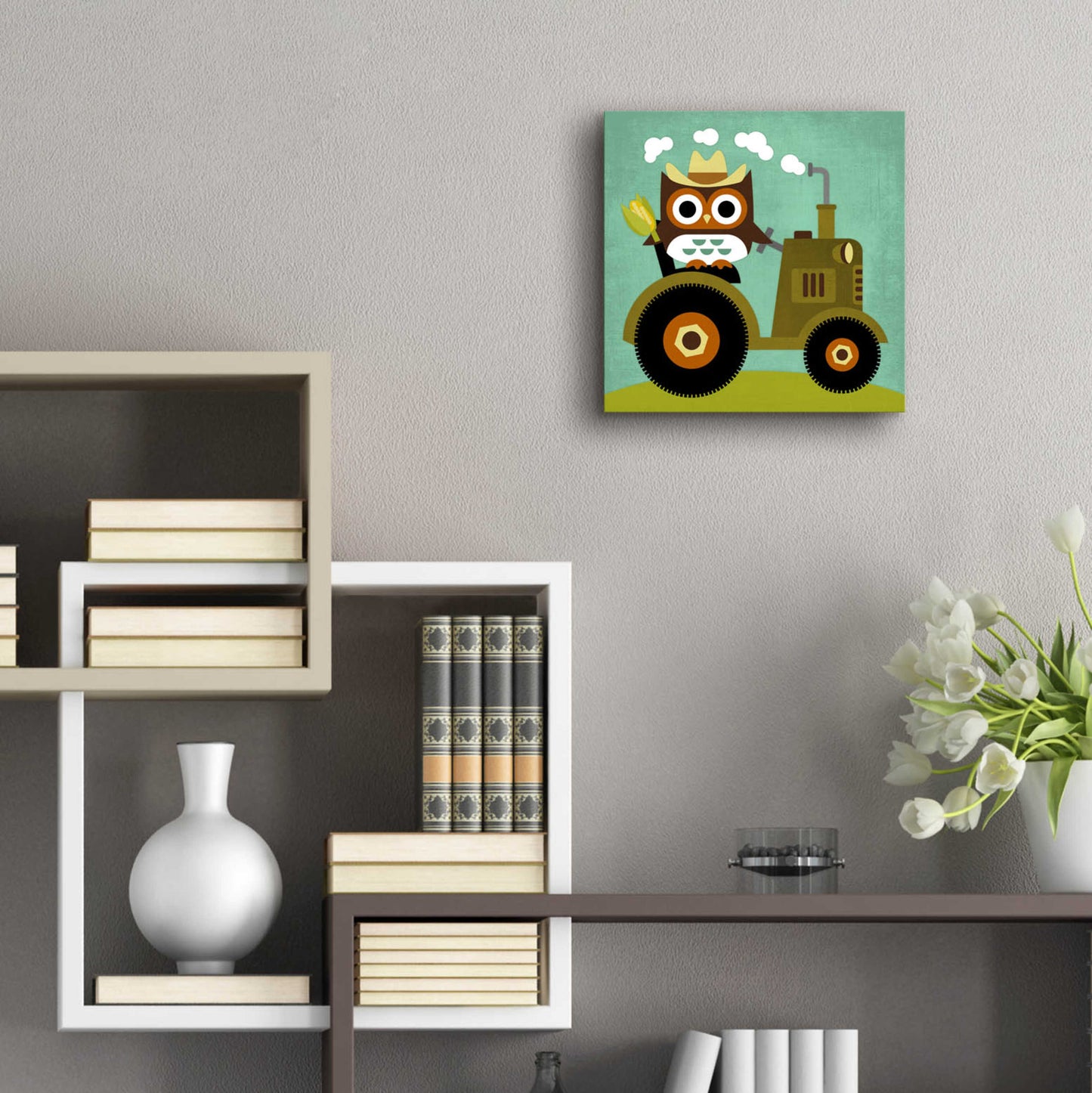 Epic Art 'Owl on Tractor' by Nancy Lee, Acrylic Glass Wall Art,12x12