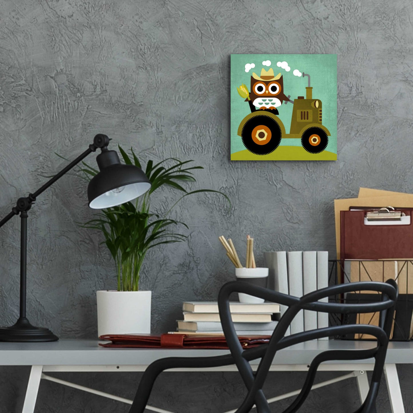 Epic Art 'Owl on Tractor' by Nancy Lee, Acrylic Glass Wall Art,12x12