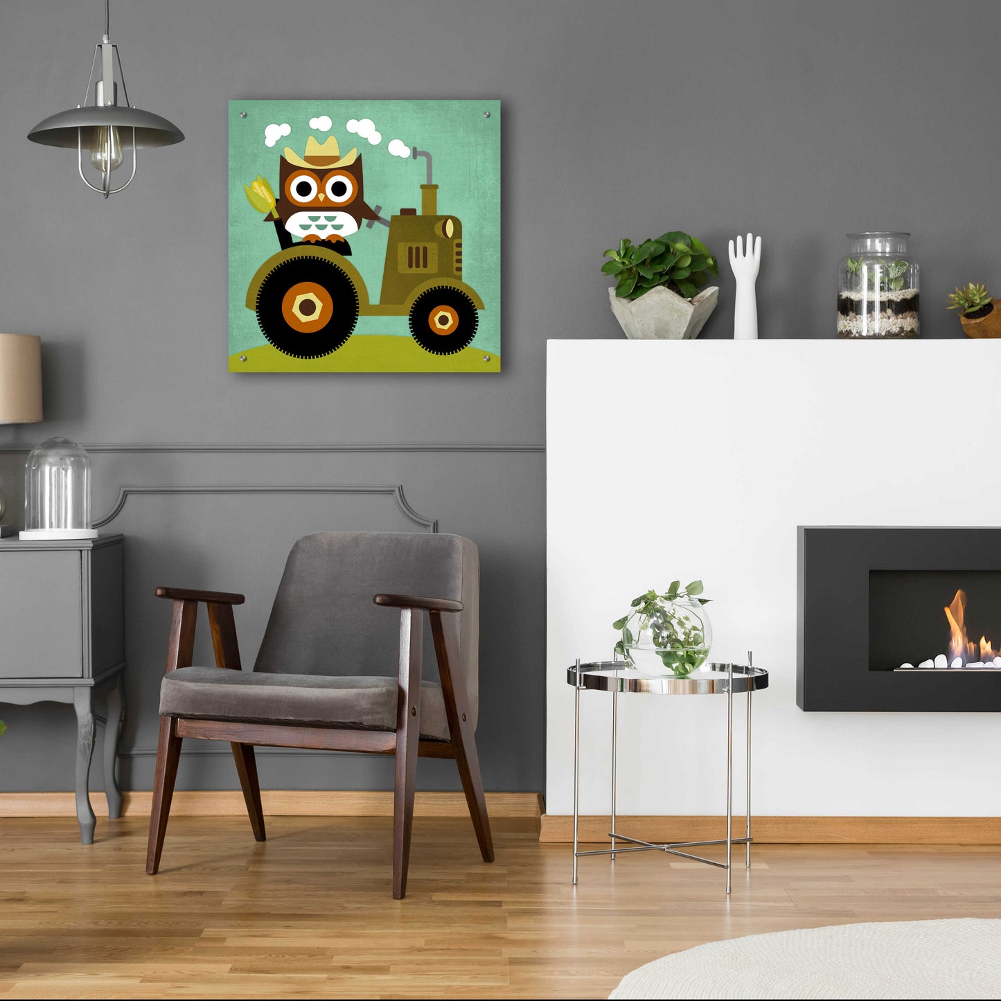 Epic Art 'Owl on Tractor' by Nancy Lee, Acrylic Glass Wall Art,24x24