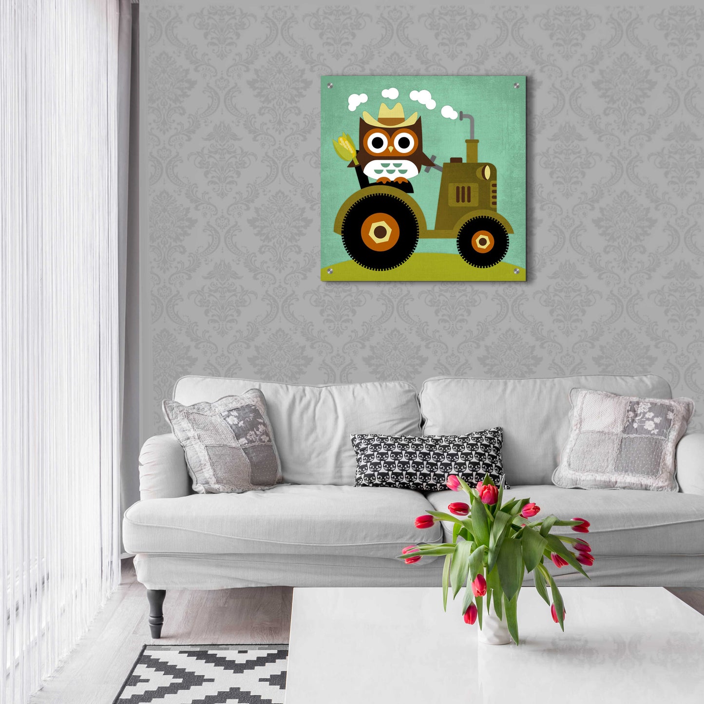 Epic Art 'Owl on Tractor' by Nancy Lee, Acrylic Glass Wall Art,24x24