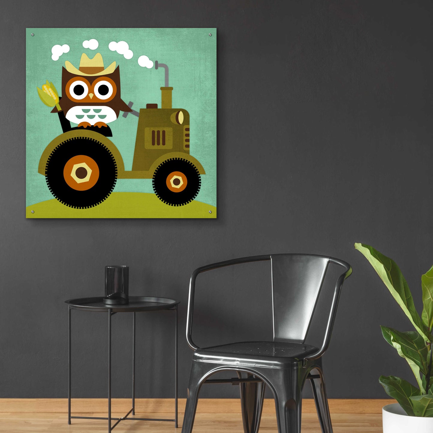 Epic Art 'Owl on Tractor' by Nancy Lee, Acrylic Glass Wall Art,36x36