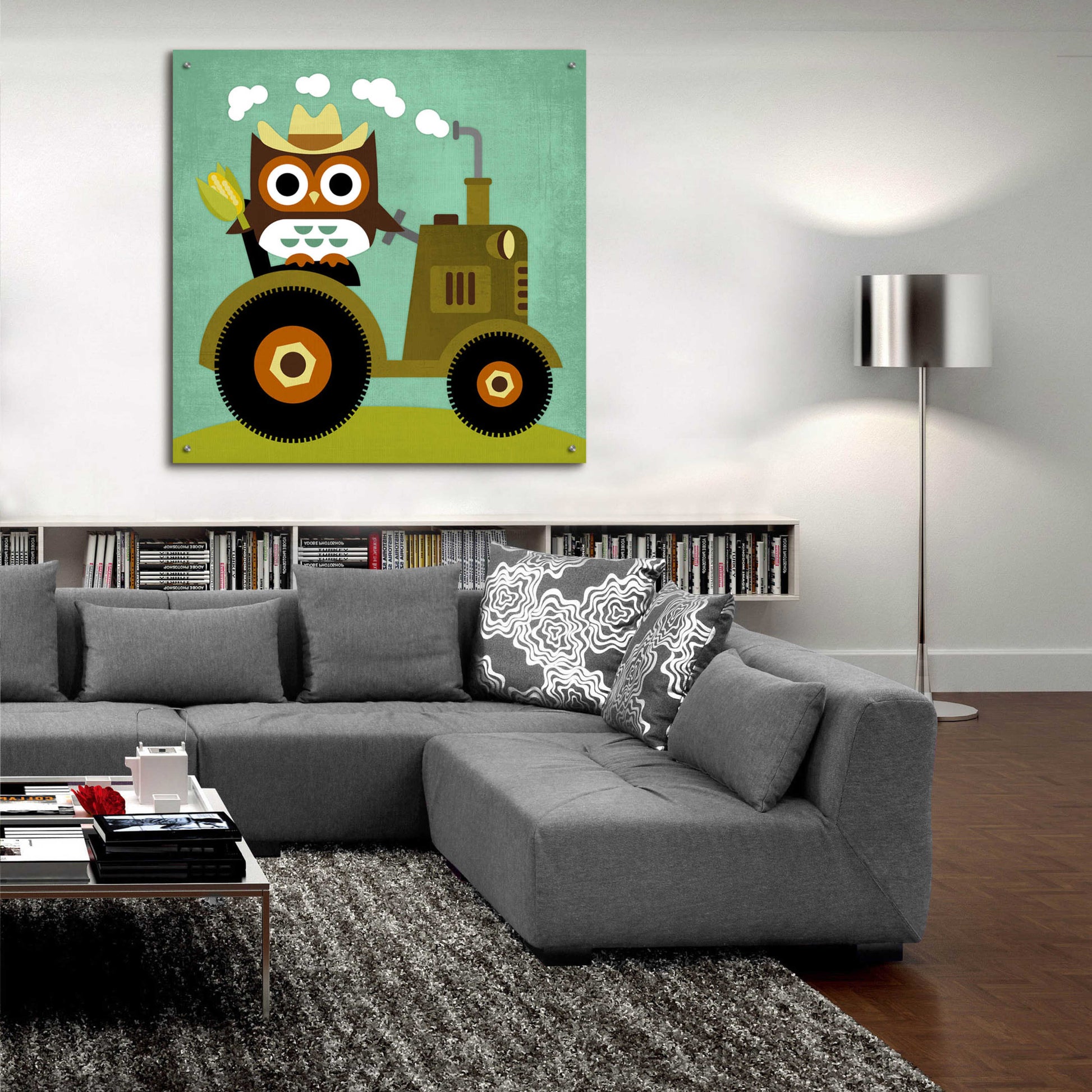 Epic Art 'Owl on Tractor' by Nancy Lee, Acrylic Glass Wall Art,36x36