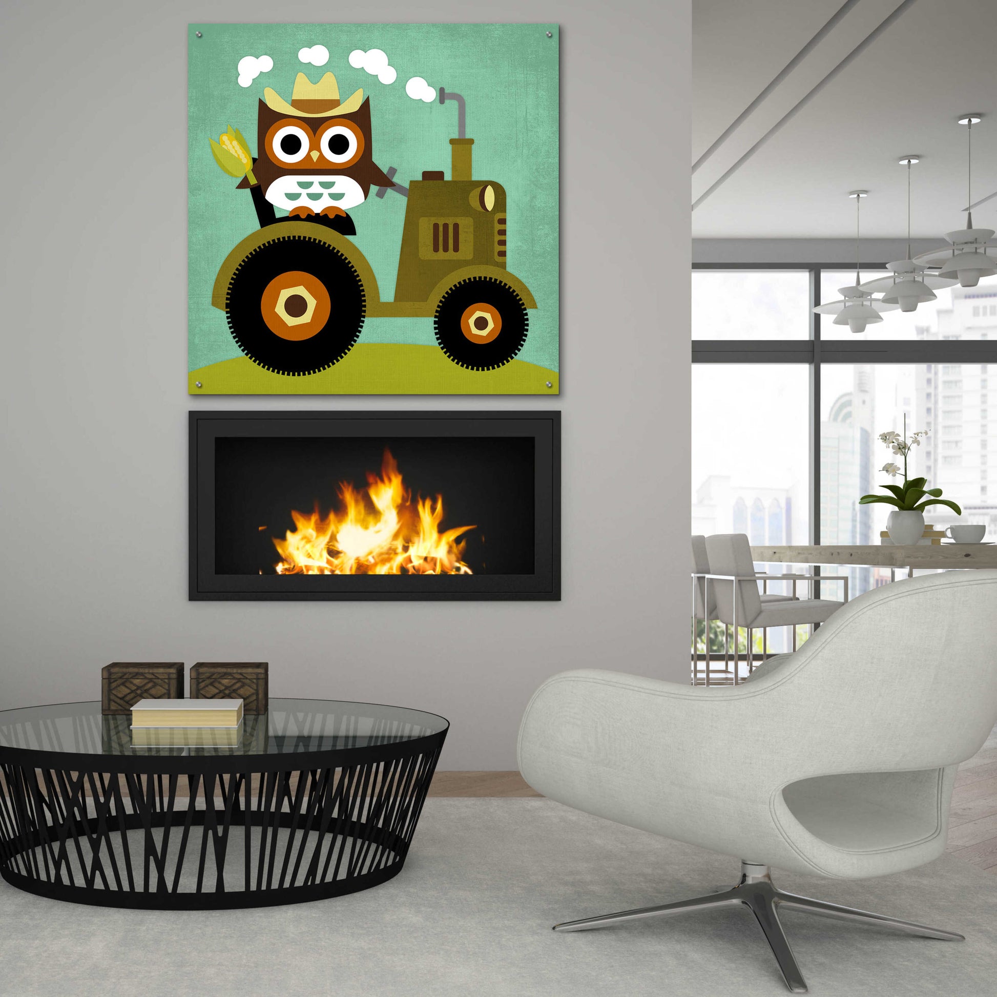 Epic Art 'Owl on Tractor' by Nancy Lee, Acrylic Glass Wall Art,36x36