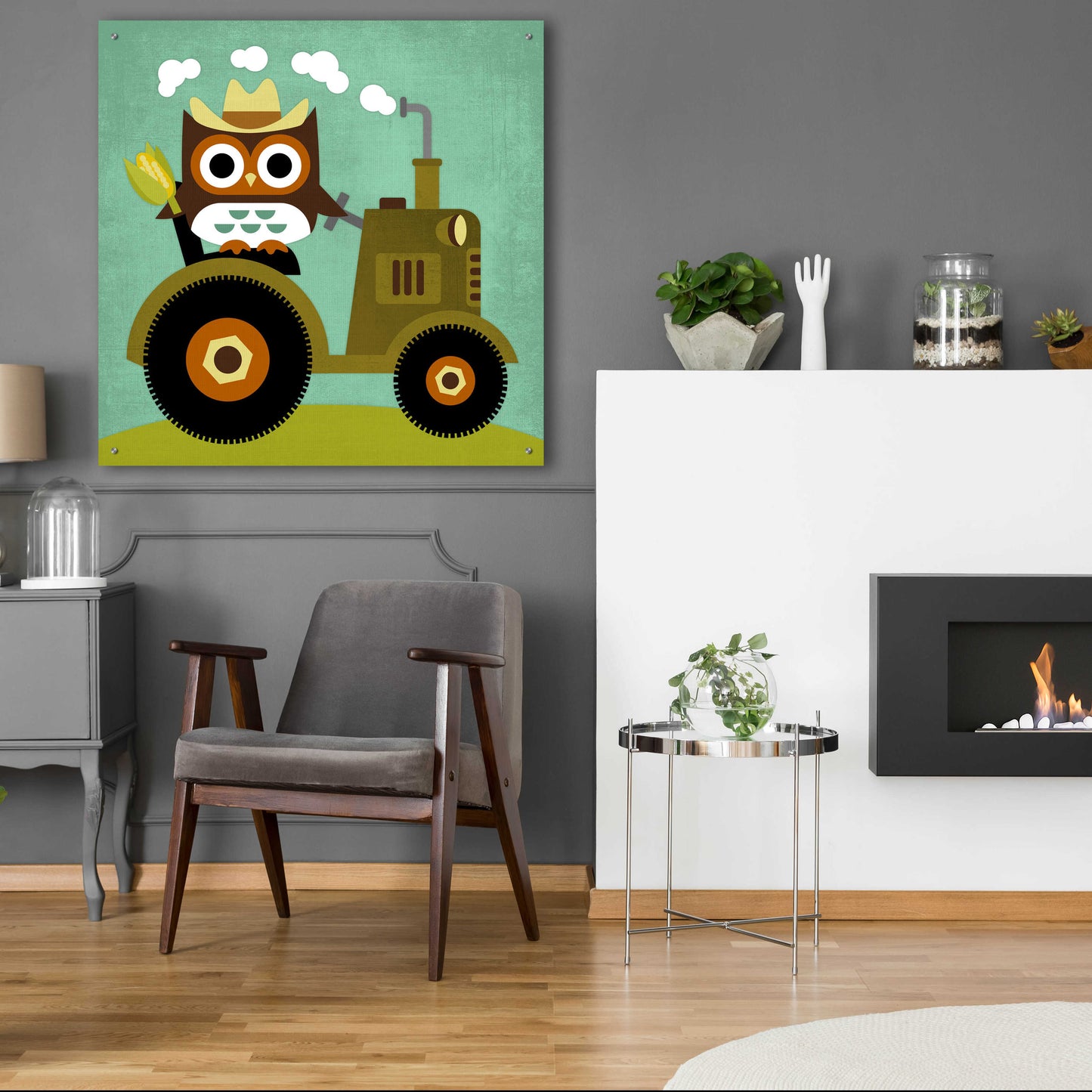 Epic Art 'Owl on Tractor' by Nancy Lee, Acrylic Glass Wall Art,36x36