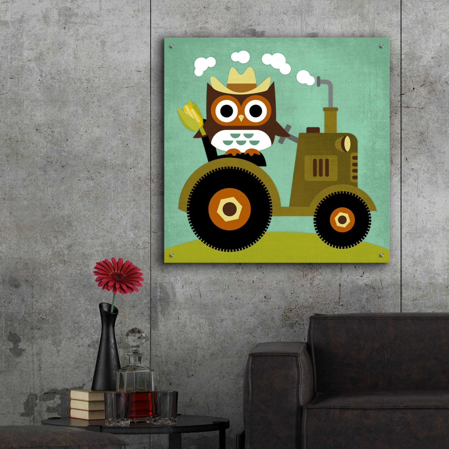 Epic Art 'Owl on Tractor' by Nancy Lee, Acrylic Glass Wall Art,36x36