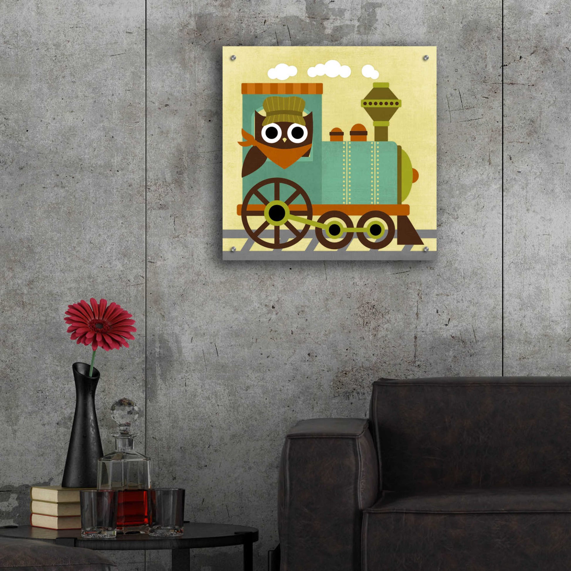 Epic Art 'Owl Train Conductor' by Nancy Lee, Acrylic Glass Wall Art,24x24