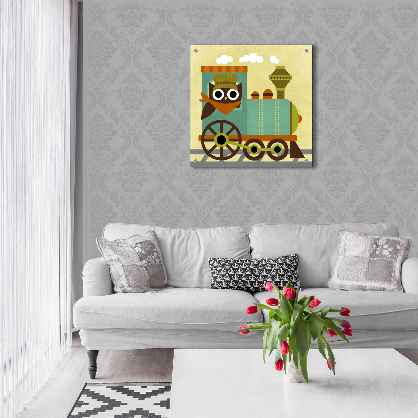 Epic Art 'Owl Train Conductor' by Nancy Lee, Acrylic Glass Wall Art,24x24