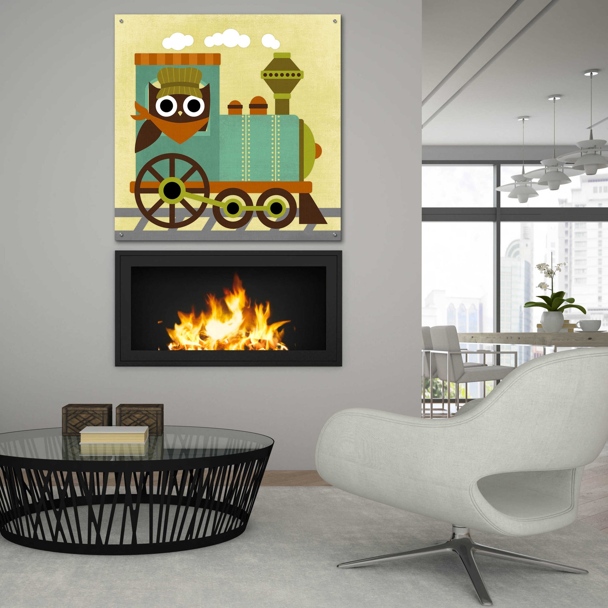 Epic Art 'Owl Train Conductor' by Nancy Lee, Acrylic Glass Wall Art,36x36