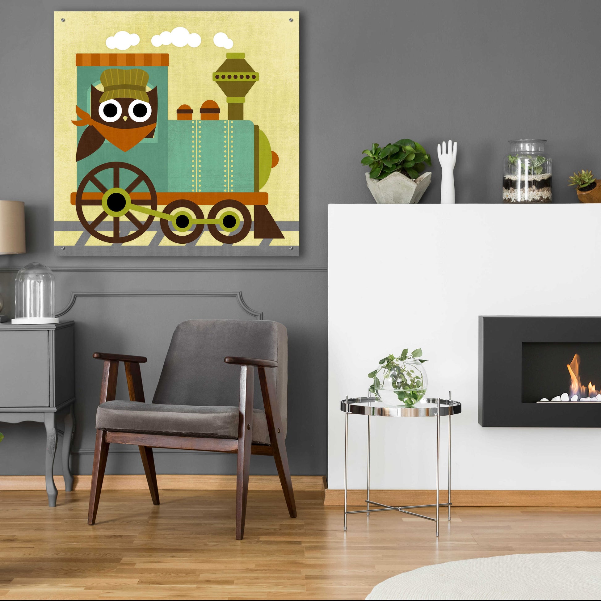 Epic Art 'Owl Train Conductor' by Nancy Lee, Acrylic Glass Wall Art,36x36