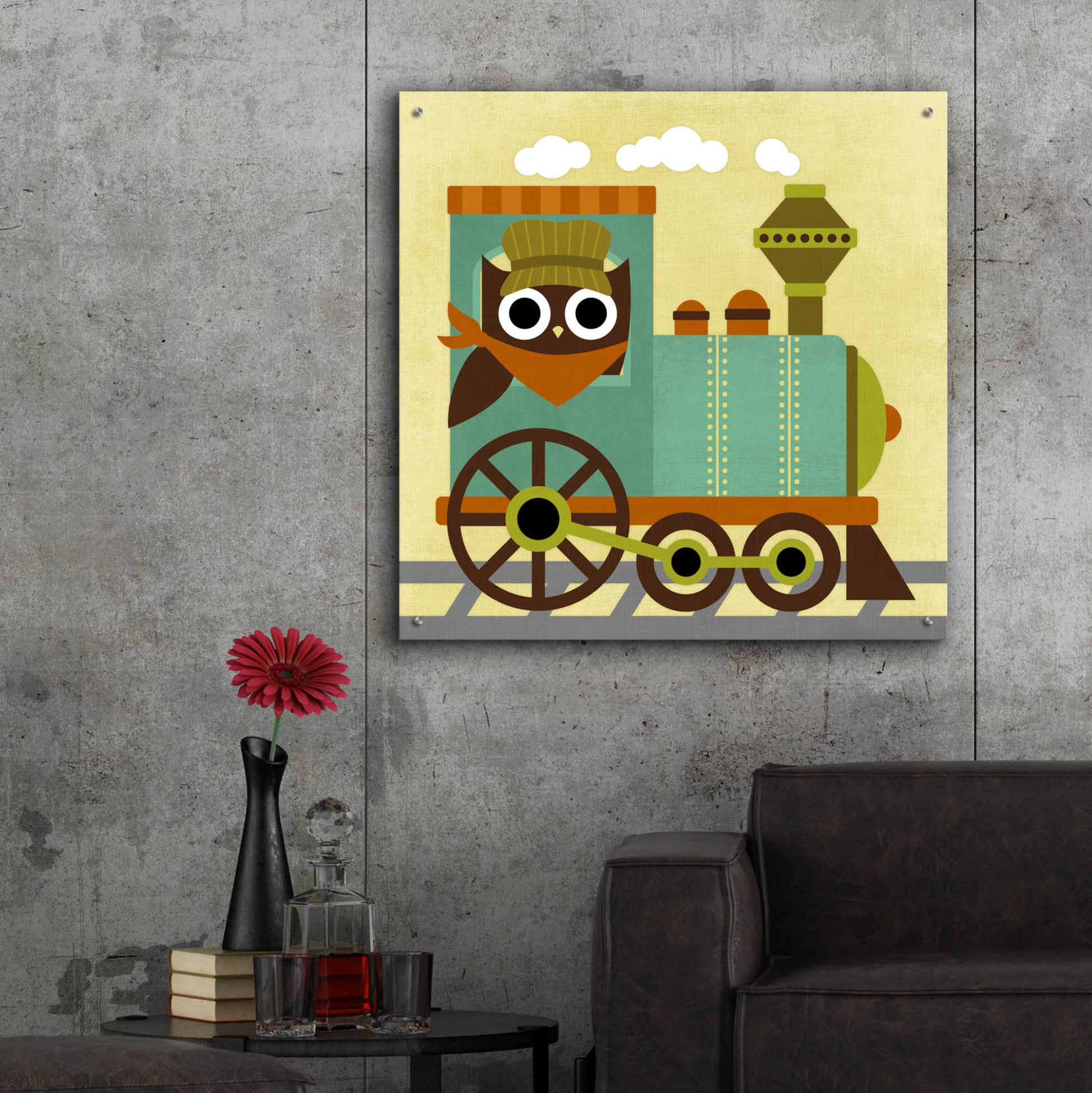 Epic Art 'Owl Train Conductor' by Nancy Lee, Acrylic Glass Wall Art,36x36