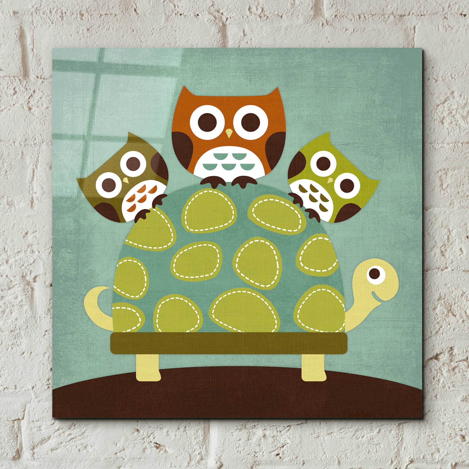 Epic Art 'Three Owls on Turtle' by Nancy Lee, Acrylic Glass Wall Art,12x12