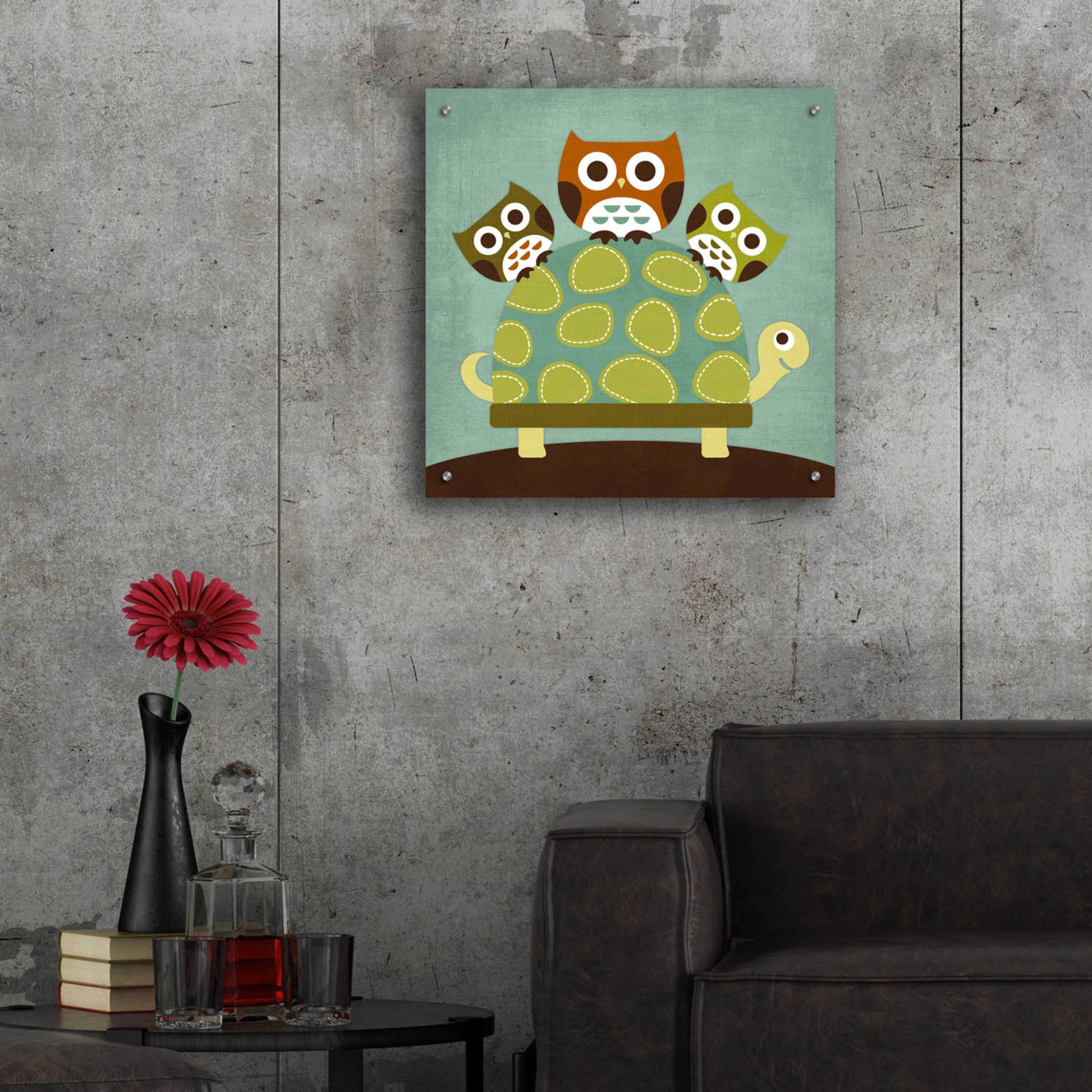 Epic Art 'Three Owls on Turtle' by Nancy Lee, Acrylic Glass Wall Art,24x24