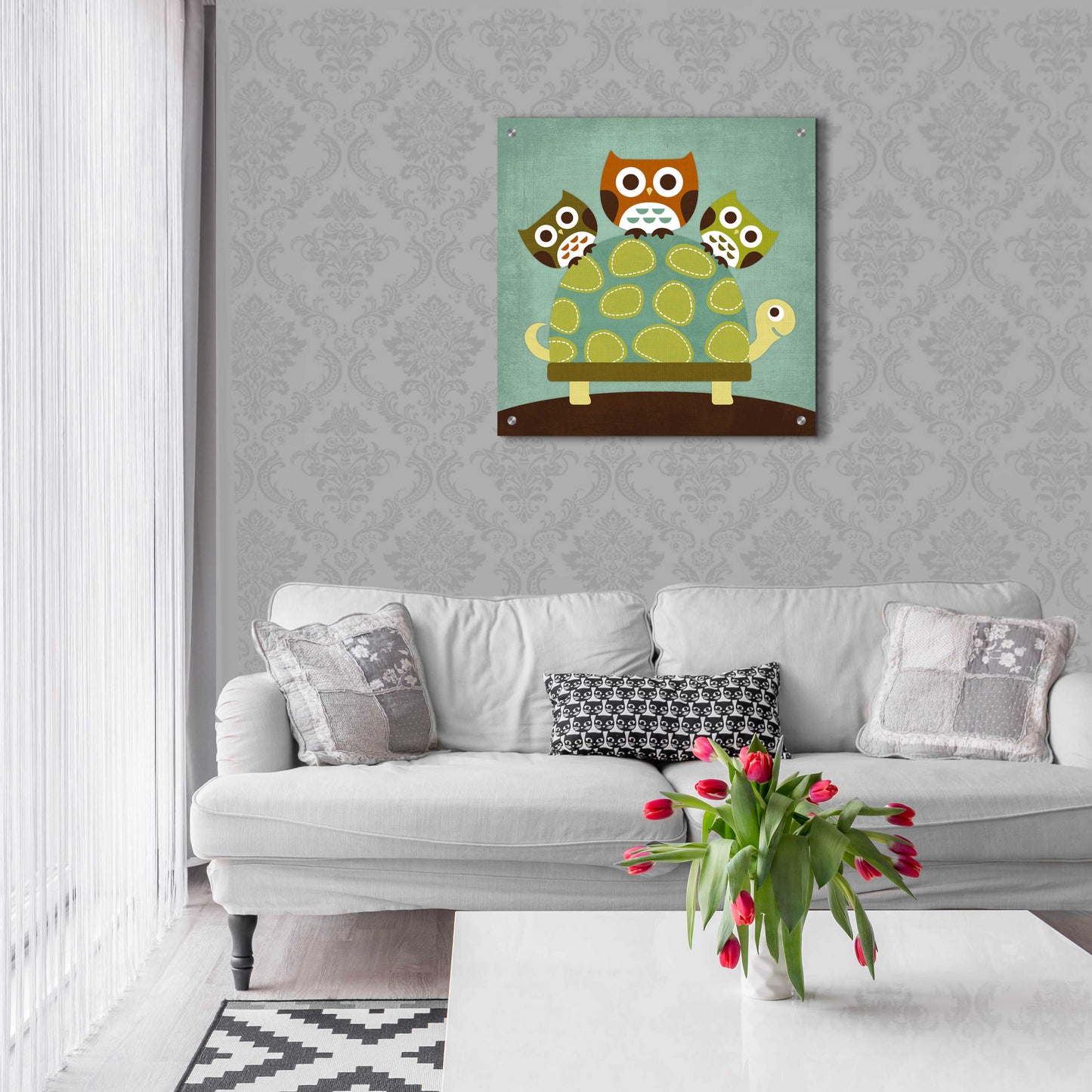 Epic Art 'Three Owls on Turtle' by Nancy Lee, Acrylic Glass Wall Art,24x24