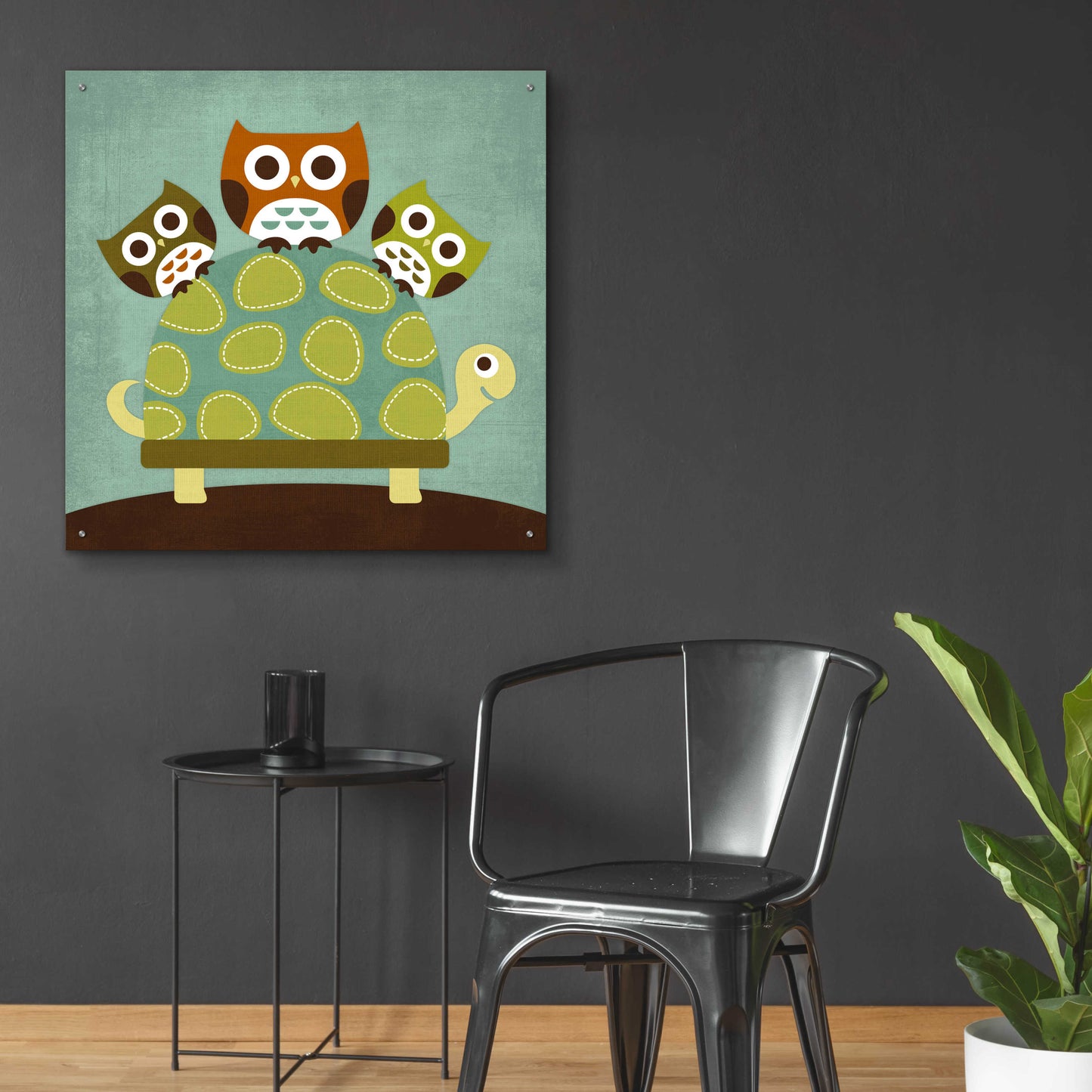 Epic Art 'Three Owls on Turtle' by Nancy Lee, Acrylic Glass Wall Art,36x36