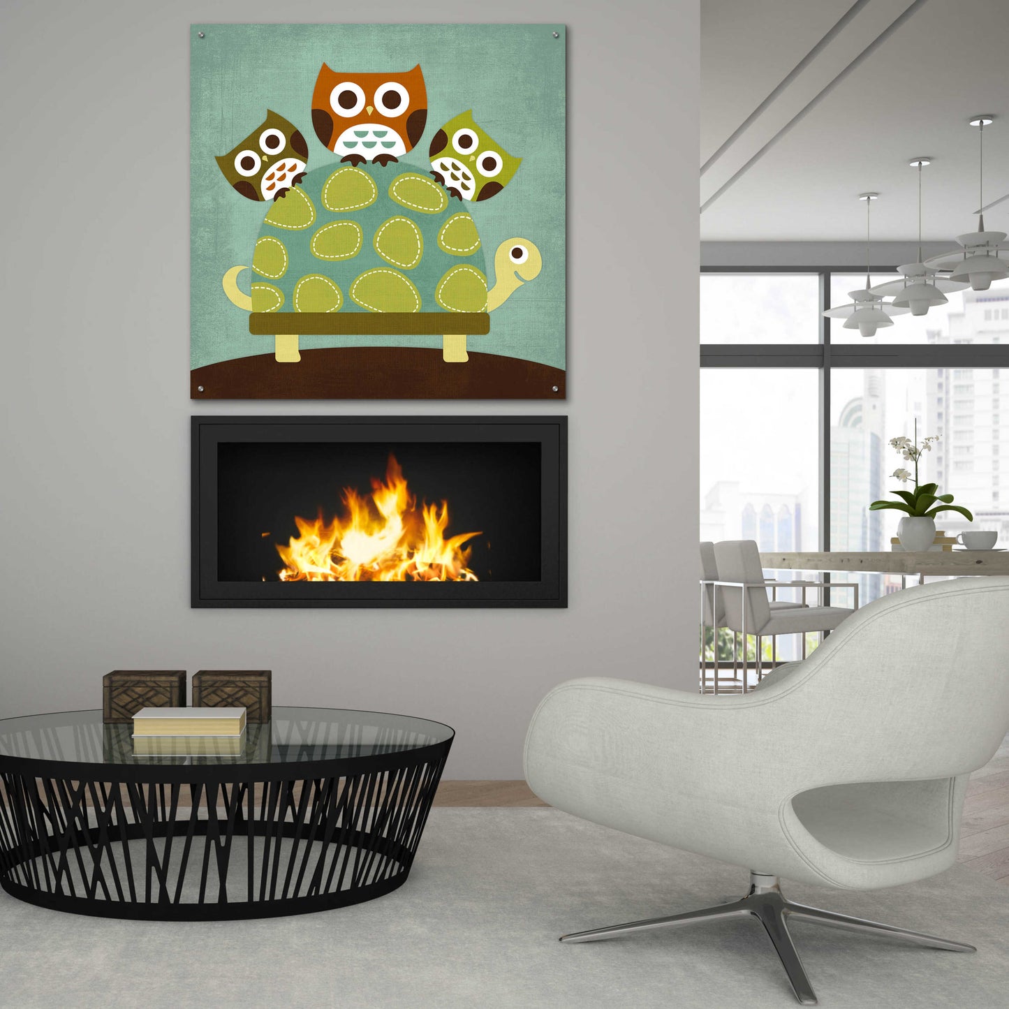 Epic Art 'Three Owls on Turtle' by Nancy Lee, Acrylic Glass Wall Art,36x36