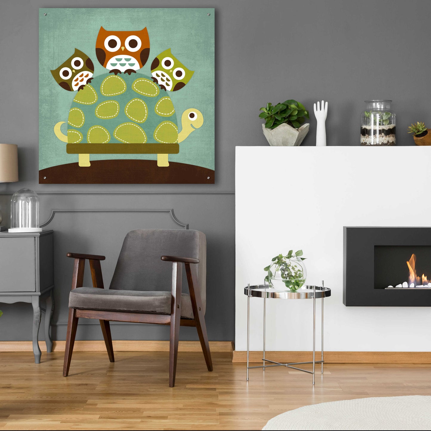 Epic Art 'Three Owls on Turtle' by Nancy Lee, Acrylic Glass Wall Art,36x36