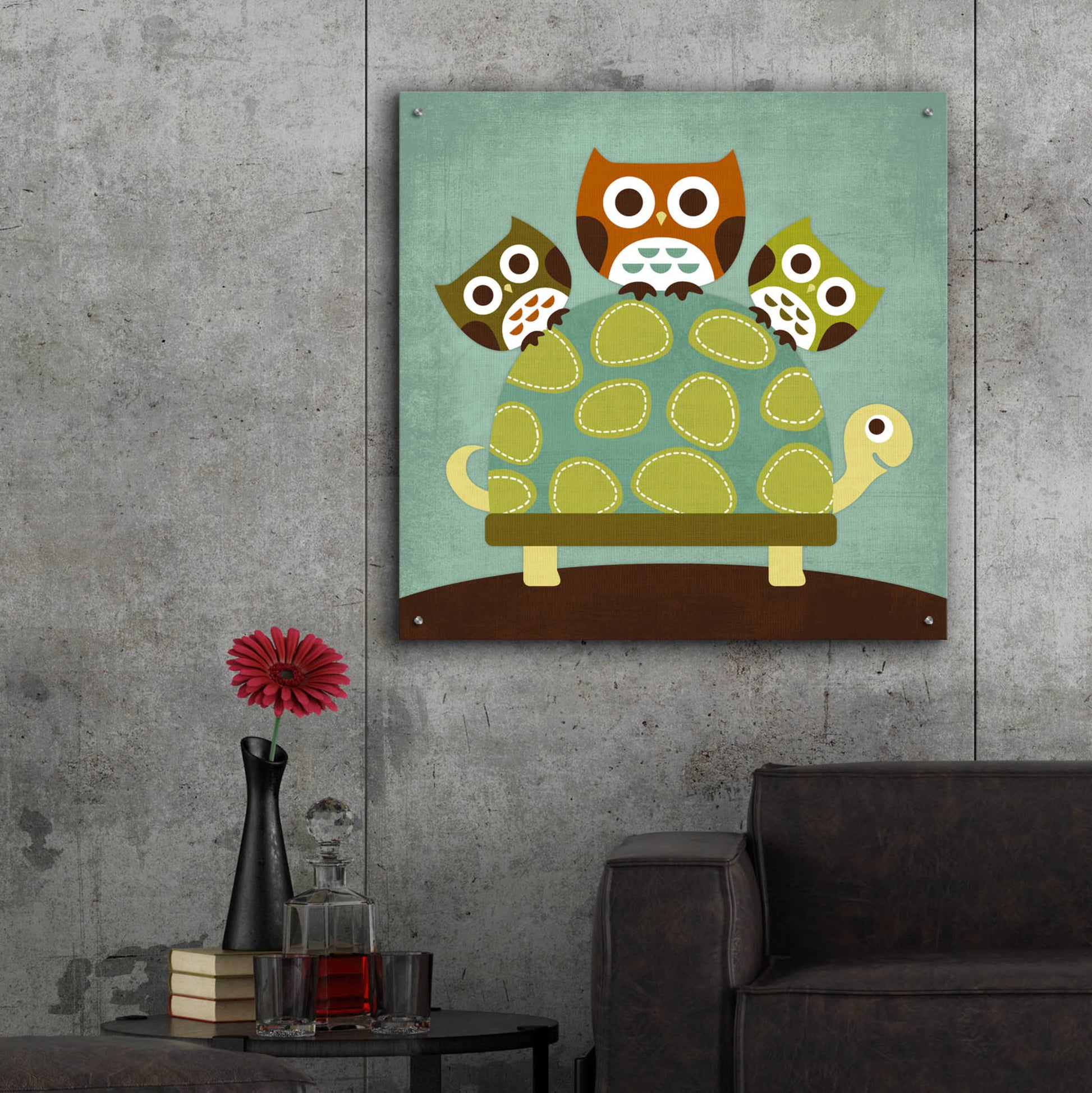 Epic Art 'Three Owls on Turtle' by Nancy Lee, Acrylic Glass Wall Art,36x36