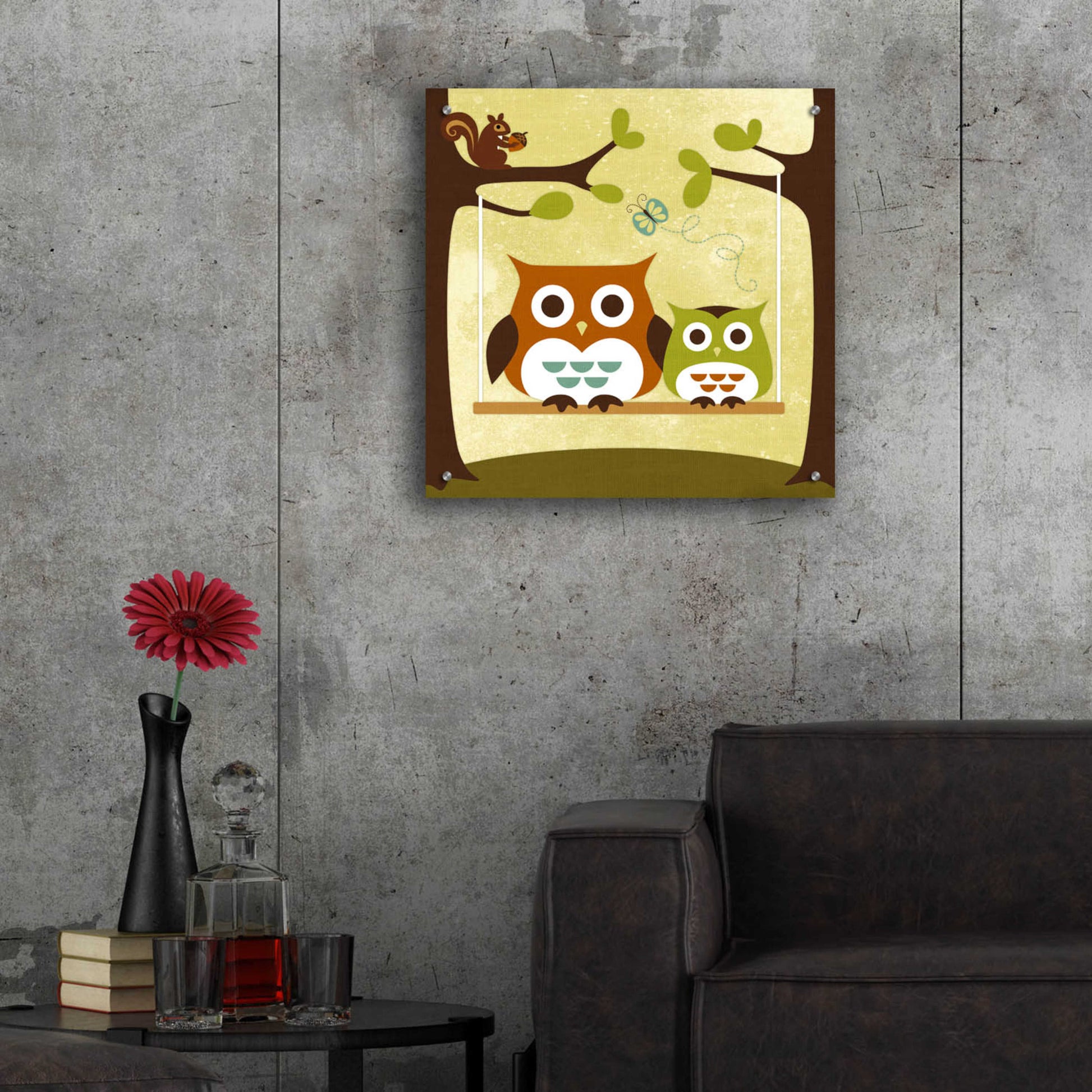 Epic Art 'Two Owls on Swing' by Nancy Lee, Acrylic Glass Wall Art,24x24