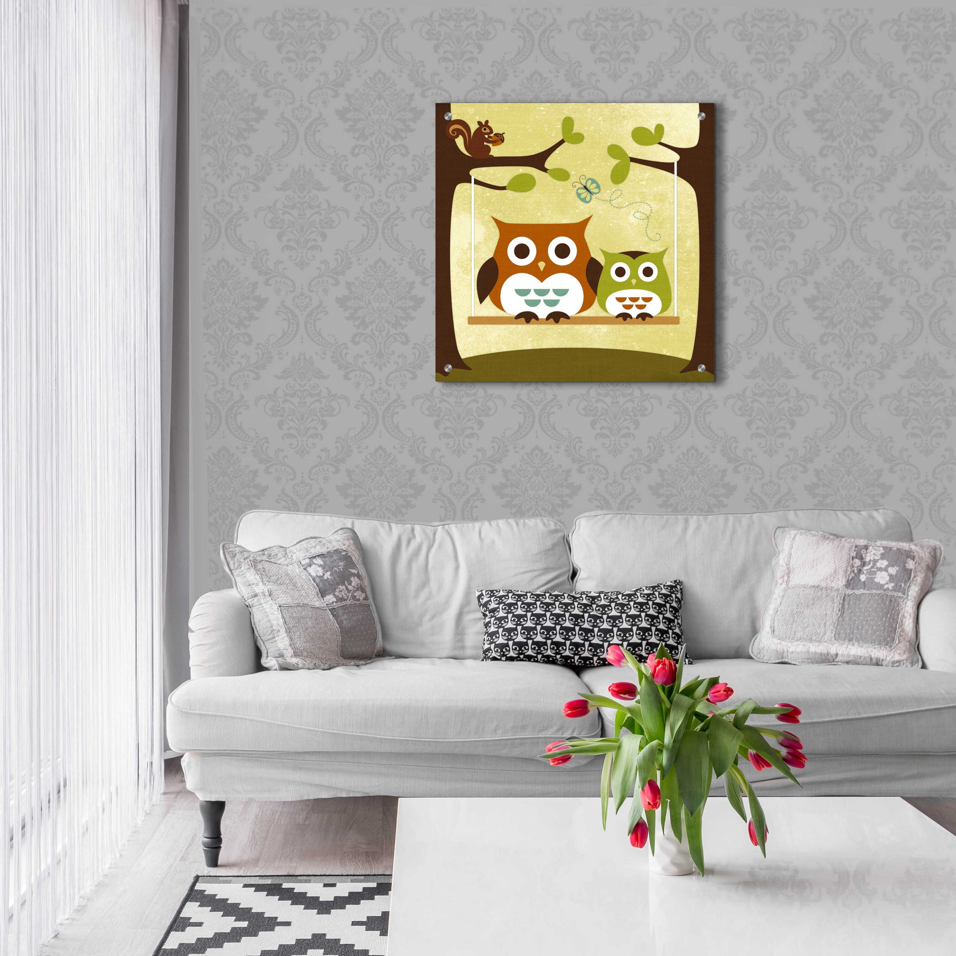 Epic Art 'Two Owls on Swing' by Nancy Lee, Acrylic Glass Wall Art,24x24