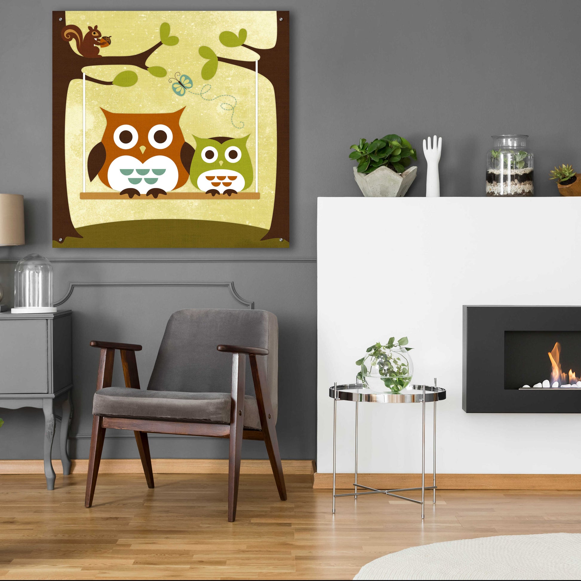 Epic Art 'Two Owls on Swing' by Nancy Lee, Acrylic Glass Wall Art,36x36