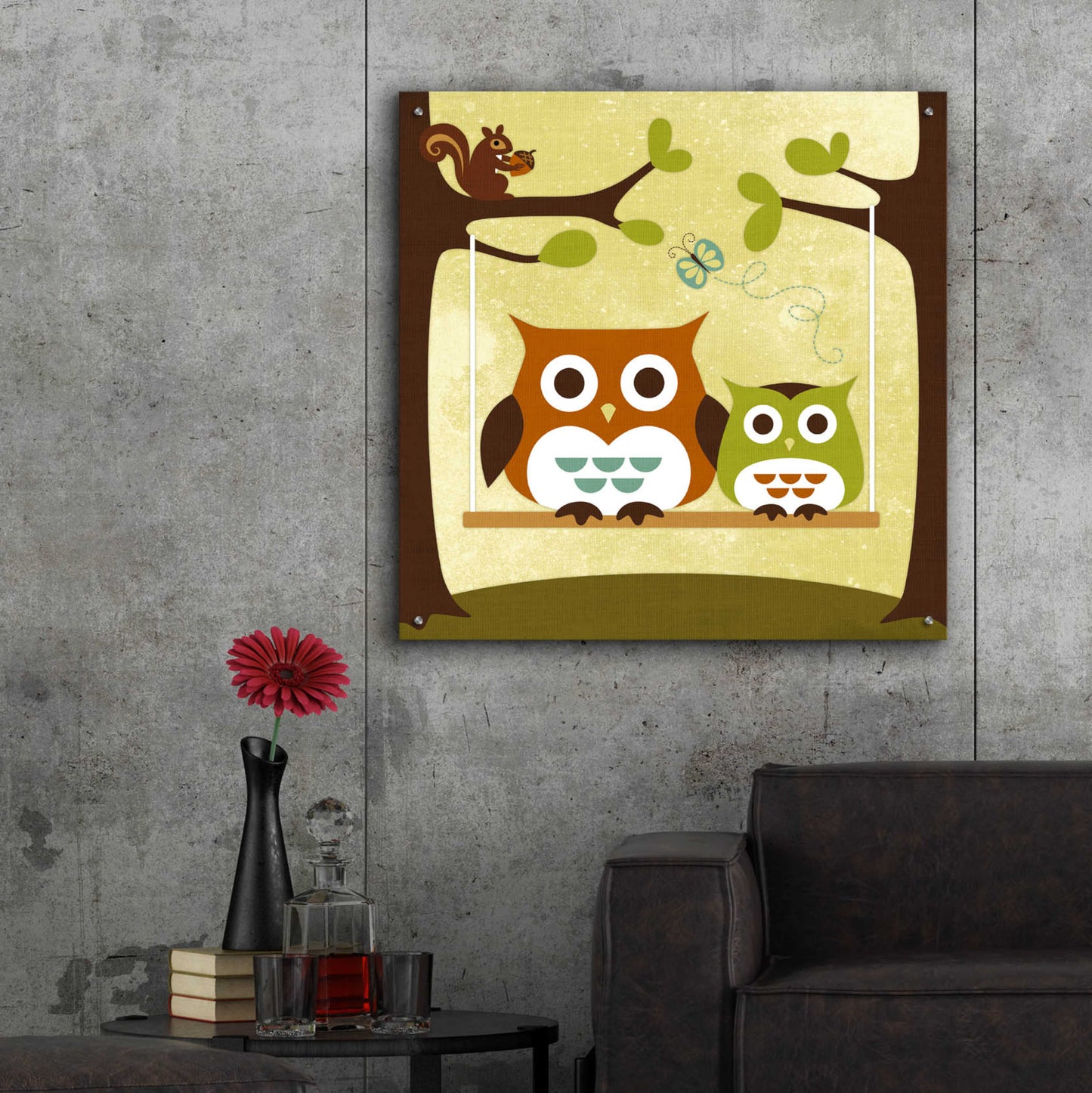 Epic Art 'Two Owls on Swing' by Nancy Lee, Acrylic Glass Wall Art,36x36