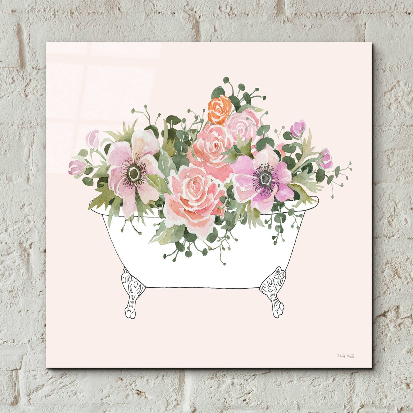 Epic Art 'Pink Floral Bath Tub I' by Cindy Jacobs, Acrylic Glass Wall Art,12x12