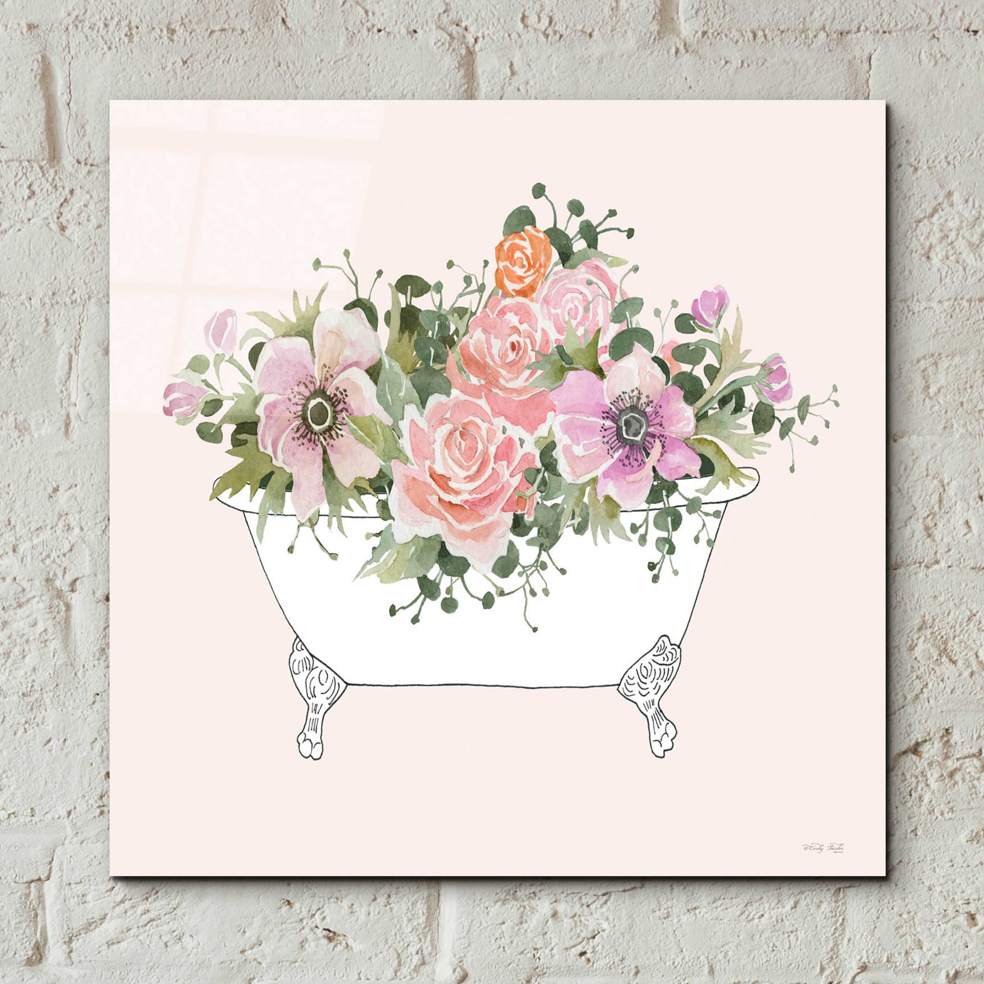 Epic Art 'Pink Floral Bath Tub I' by Cindy Jacobs, Acrylic Glass Wall Art,12x12