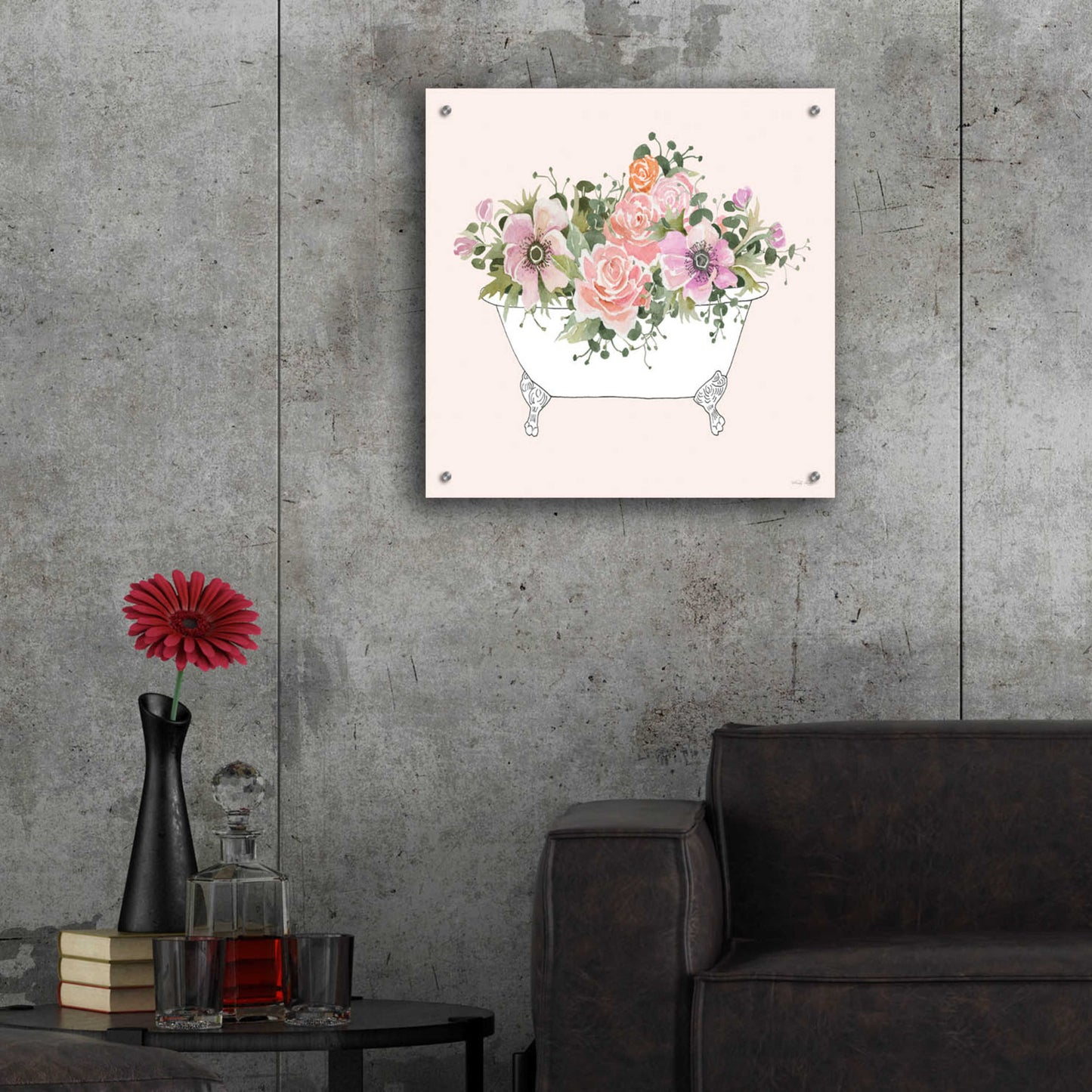 Epic Art 'Pink Floral Bath Tub I' by Cindy Jacobs, Acrylic Glass Wall Art,24x24