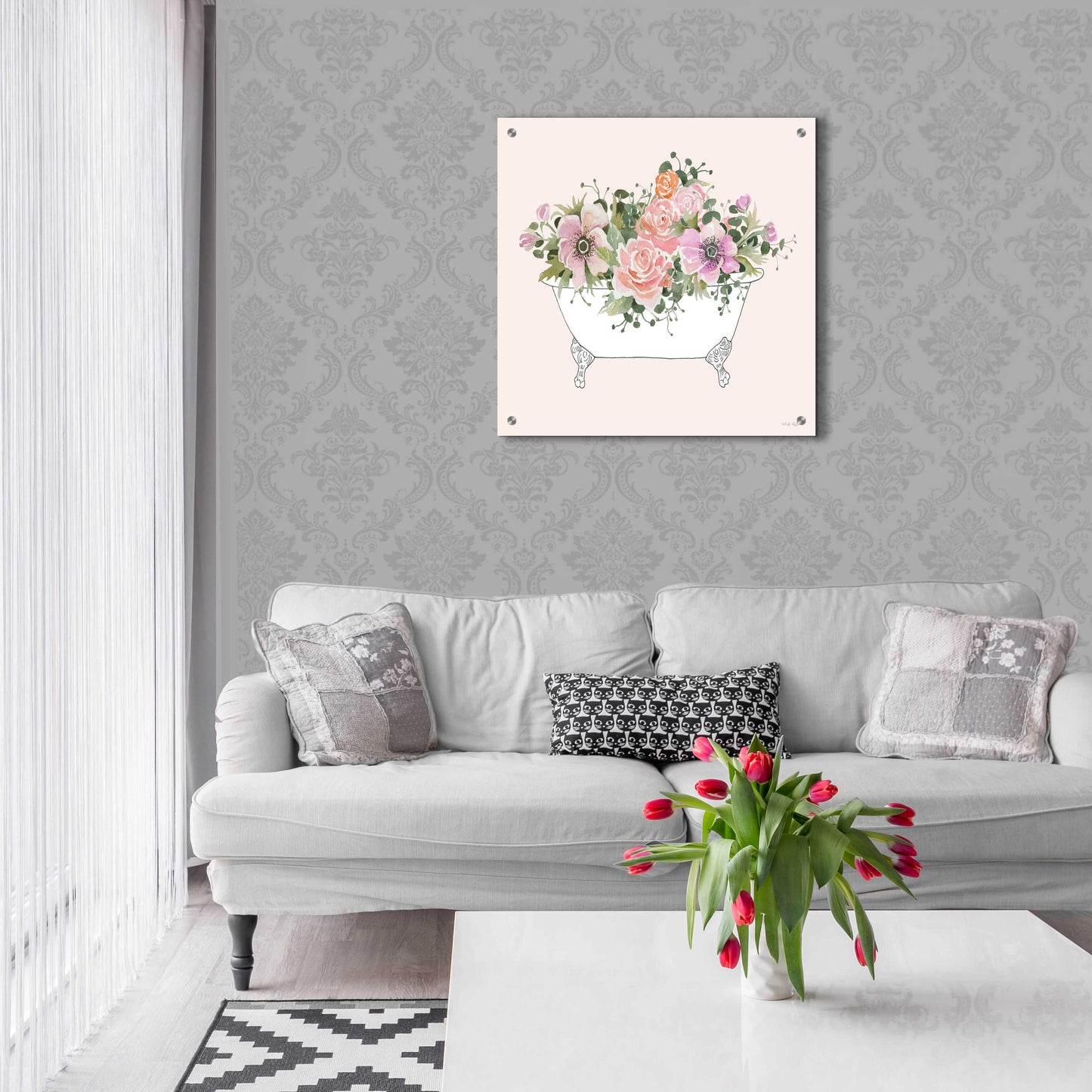 Epic Art 'Pink Floral Bath Tub I' by Cindy Jacobs, Acrylic Glass Wall Art,24x24