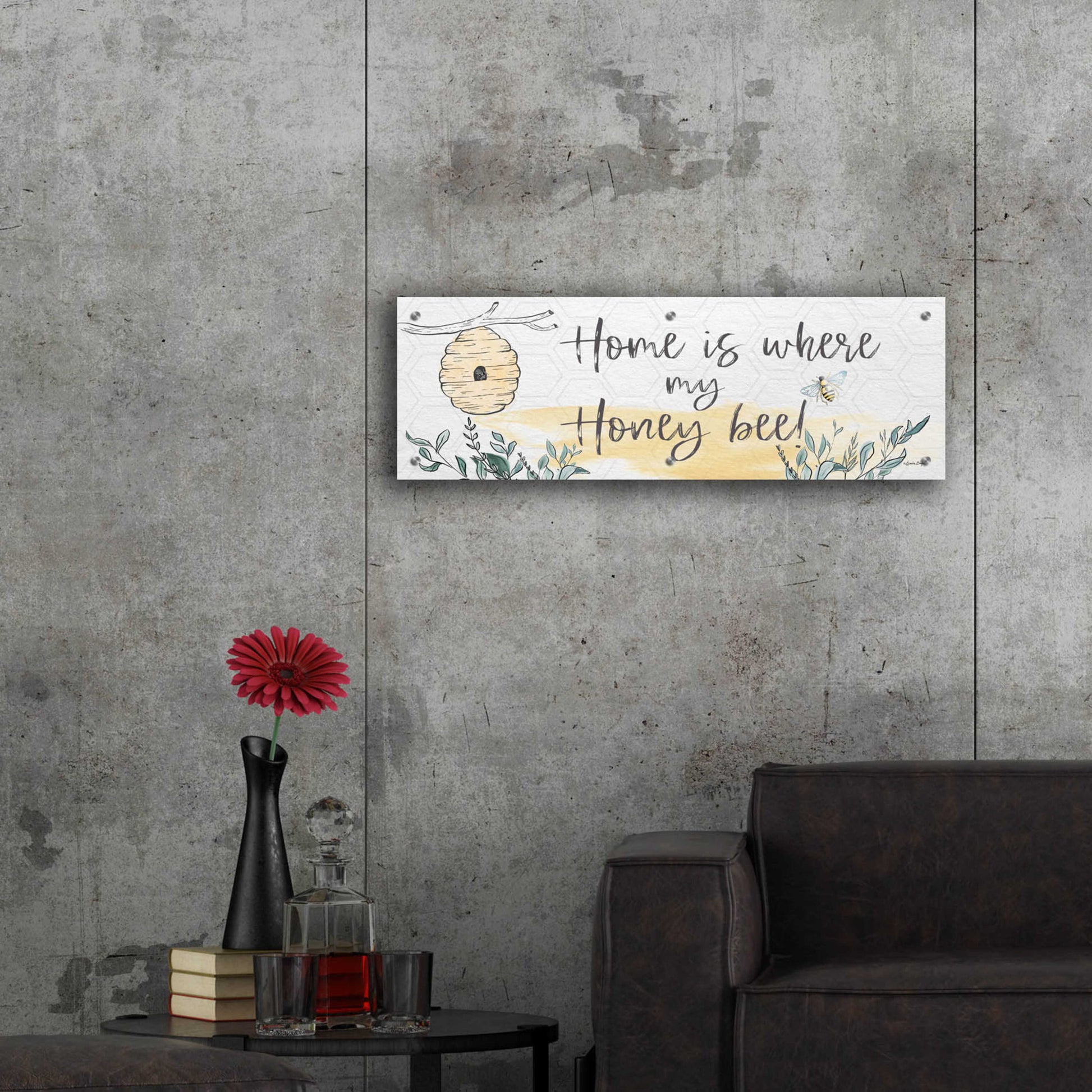 Epic Art 'Home Is Where My Honey Bee' by Susie Boyer, Acrylic Glass Wall Art,36x12