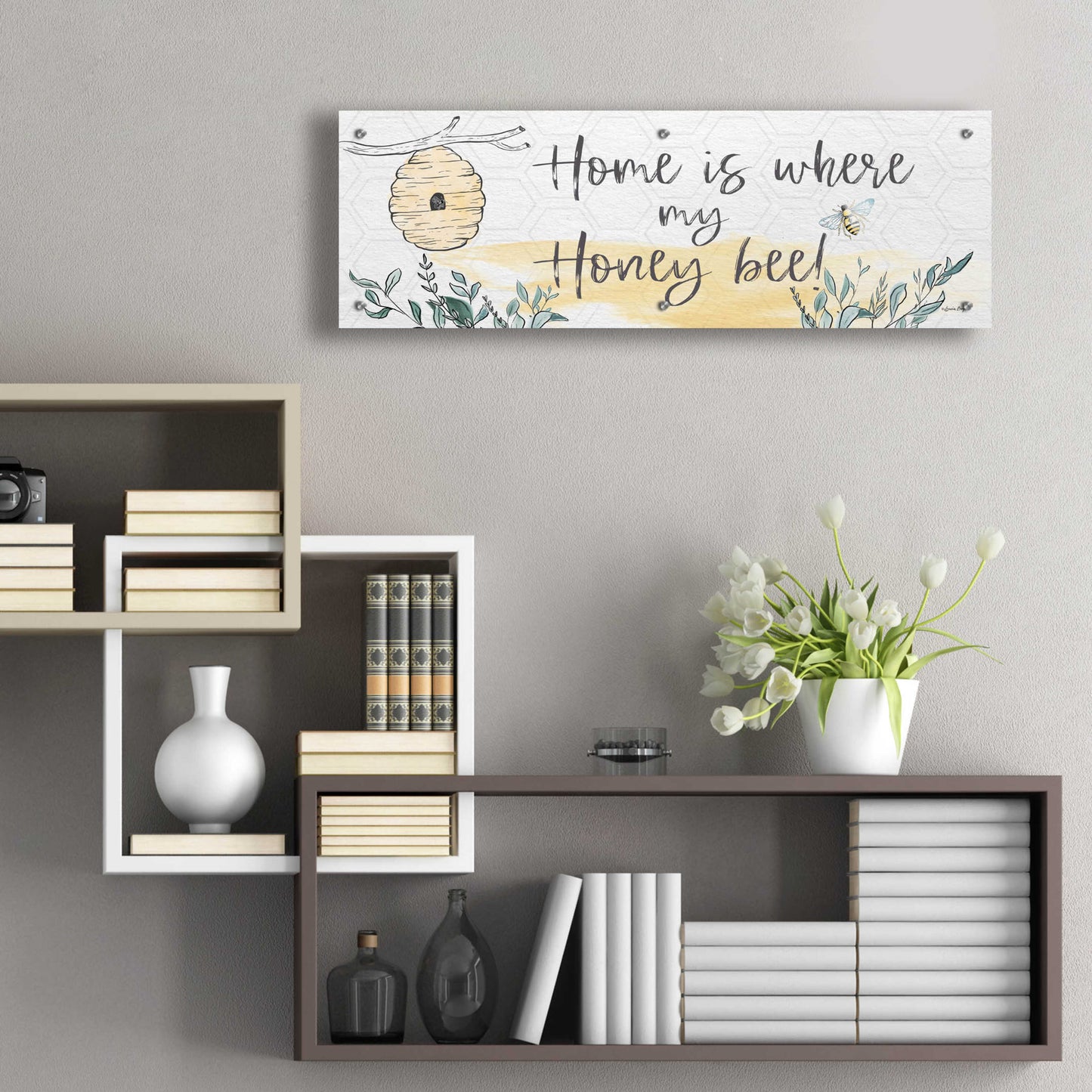 Epic Art 'Home Is Where My Honey Bee' by Susie Boyer, Acrylic Glass Wall Art,36x12