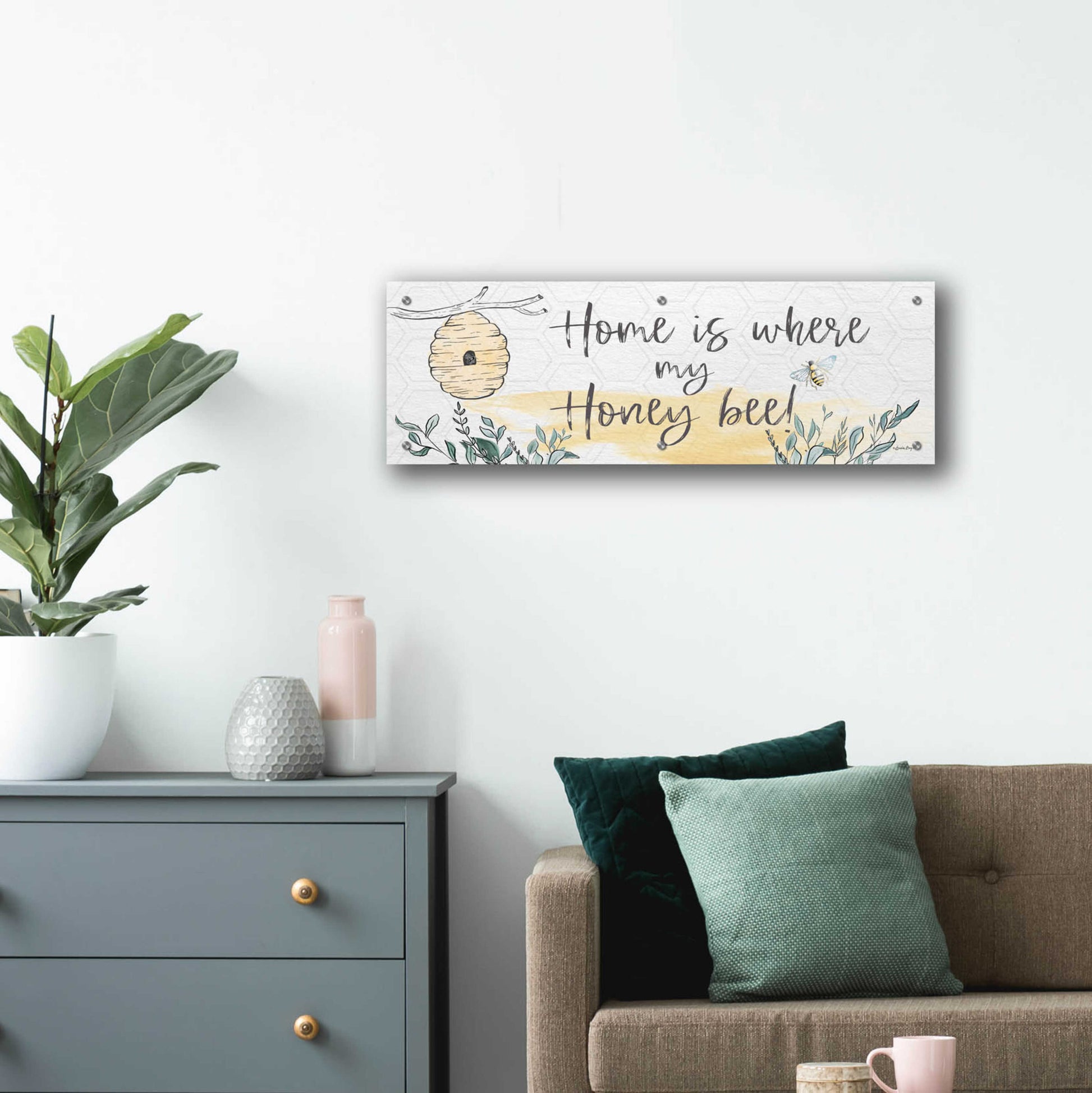 Epic Art 'Home Is Where My Honey Bee' by Susie Boyer, Acrylic Glass Wall Art,36x12