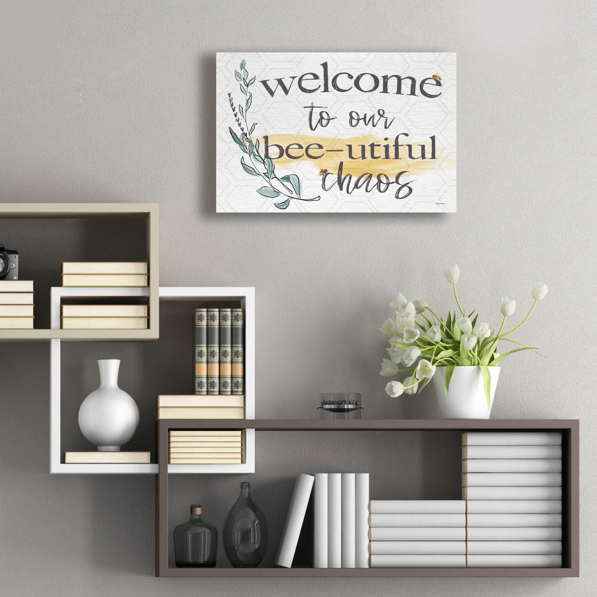 Epic Art 'Welcome To Our Bee-utiful Chaos' by Susie Boyer, Acrylic Glass Wall Art,24x16