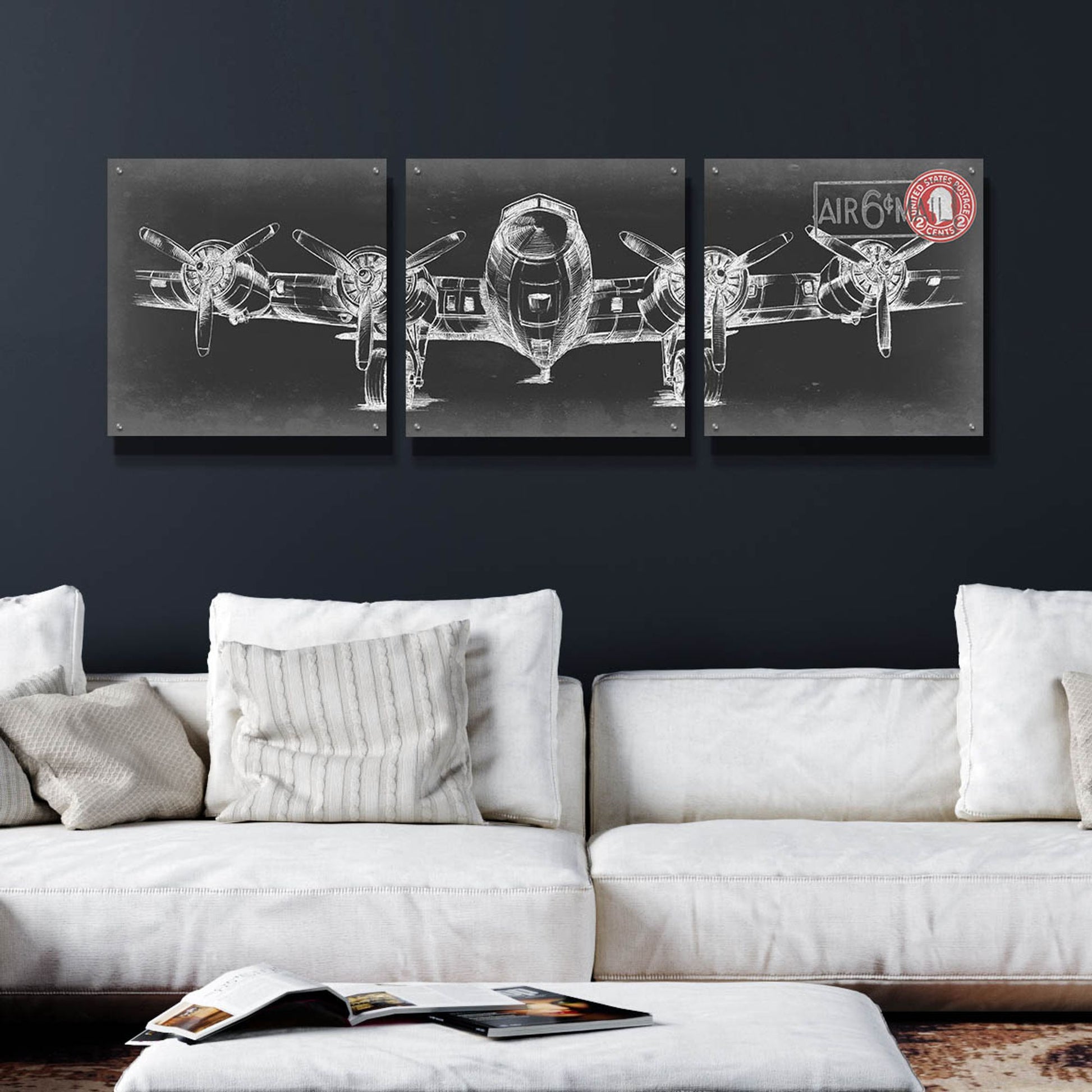 Epic Art 'Aeronautic Collection F' by Ethan Harper, Acrylic Glass Wall Art, 3 Piece Set,72x24