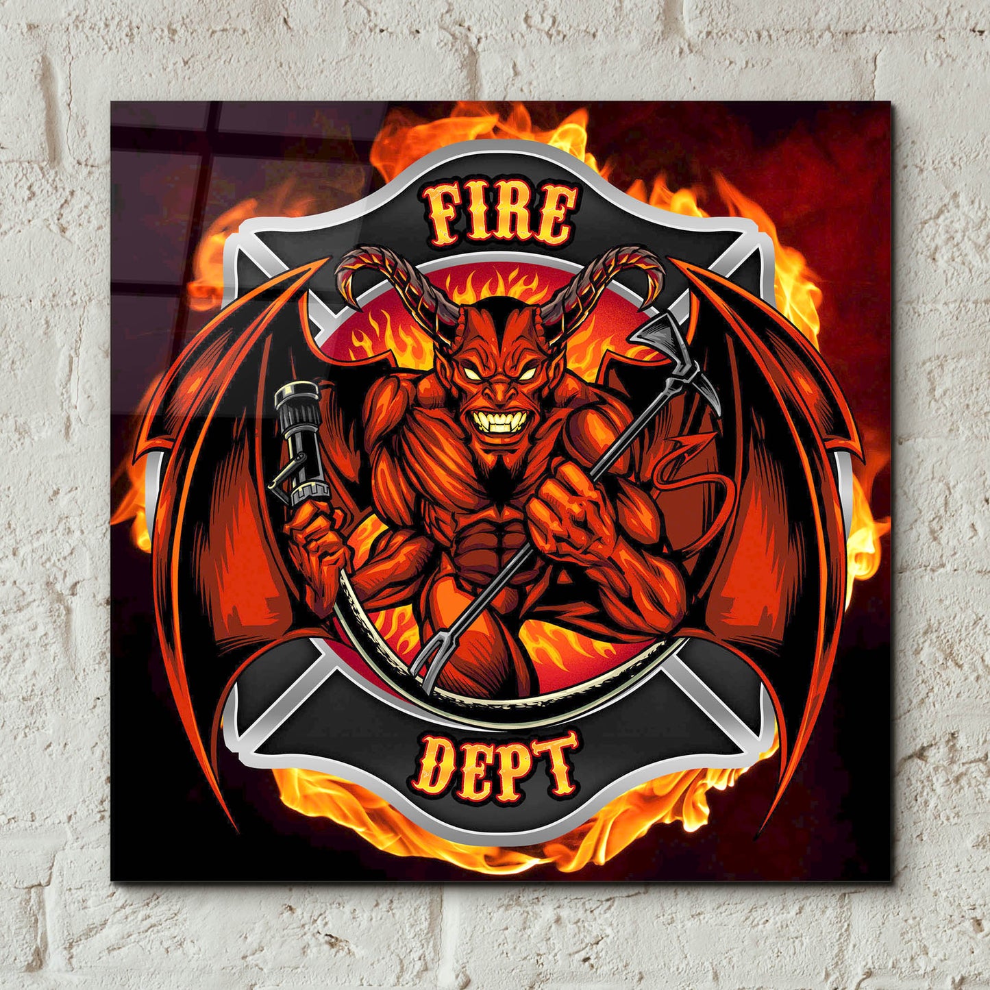 Epic Art 'Devil Fire Department Logo' by Flyland Designs, Acrylic Glass Wall Art,12x12