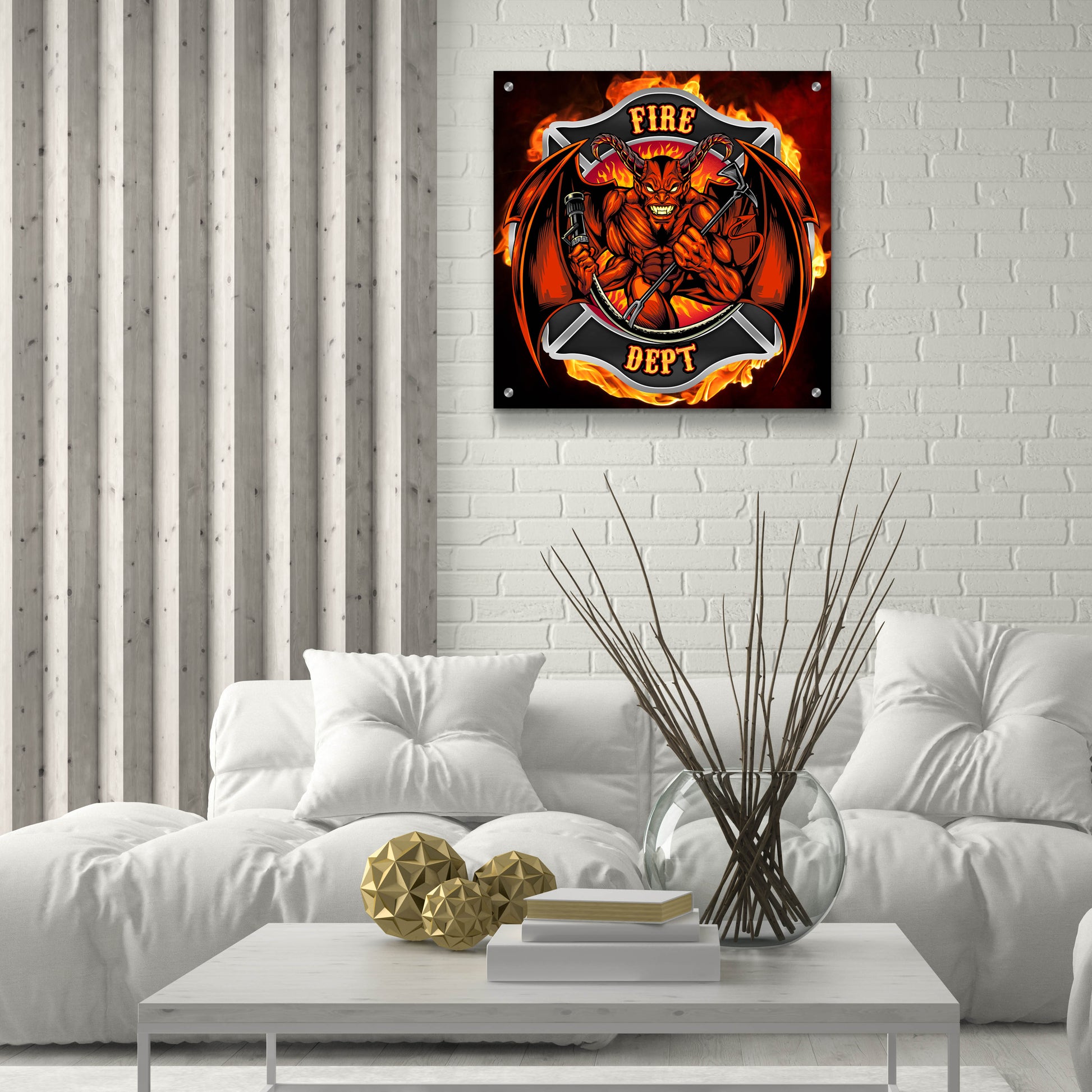 Epic Art 'Devil Fire Department Logo' by Flyland Designs, Acrylic Glass Wall Art,24x24