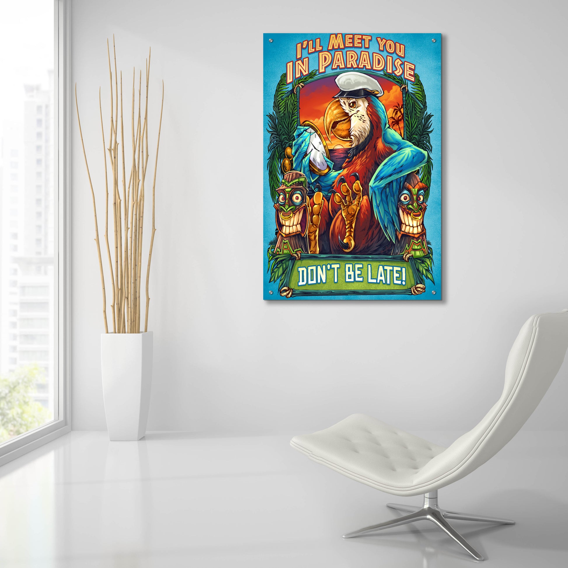 Epic Art 'Parrot and Tikis' by Flyland Designs, Acrylic Glass Wall Art,24x36