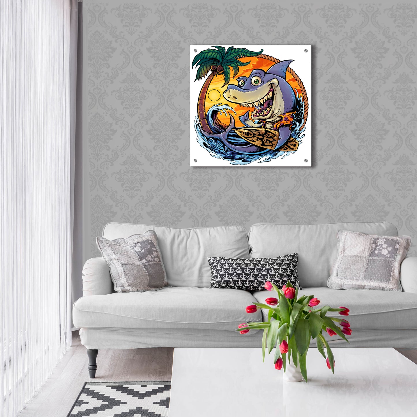 Epic Art 'Shark With Surfboard' by Flyland Designs, Acrylic Glass Wall Art,24x24