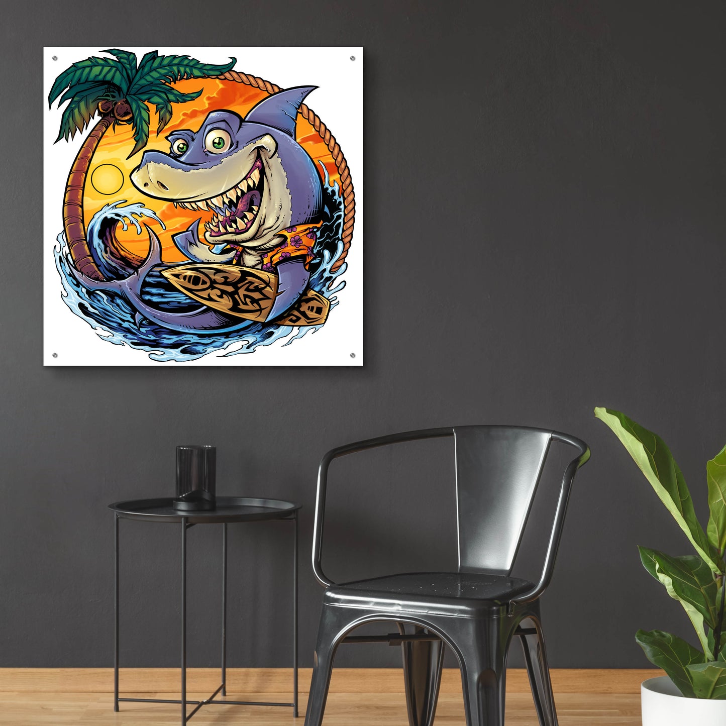 Epic Art 'Shark With Surfboard' by Flyland Designs, Acrylic Glass Wall Art,36x36