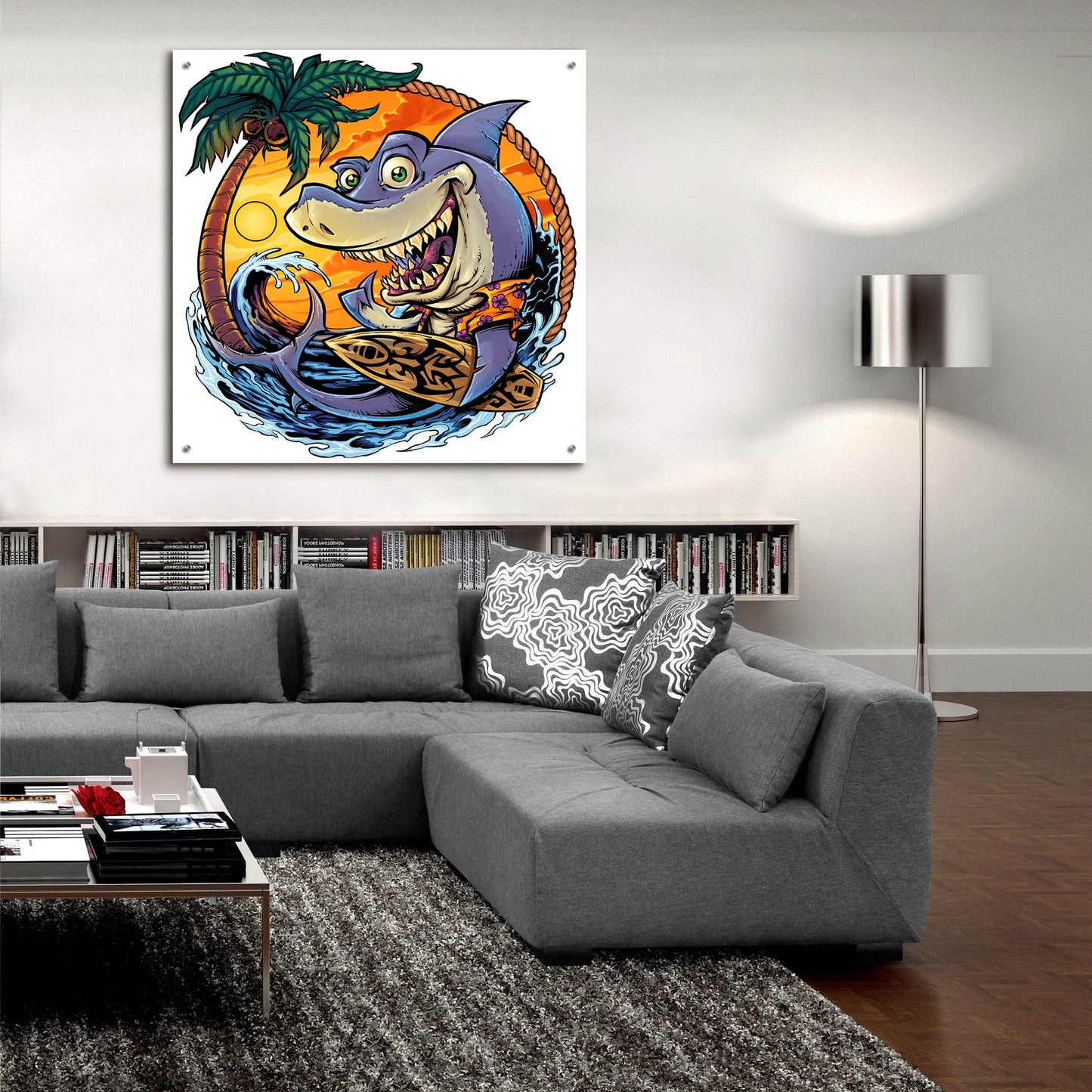 Epic Art 'Shark With Surfboard' by Flyland Designs, Acrylic Glass Wall Art,36x36