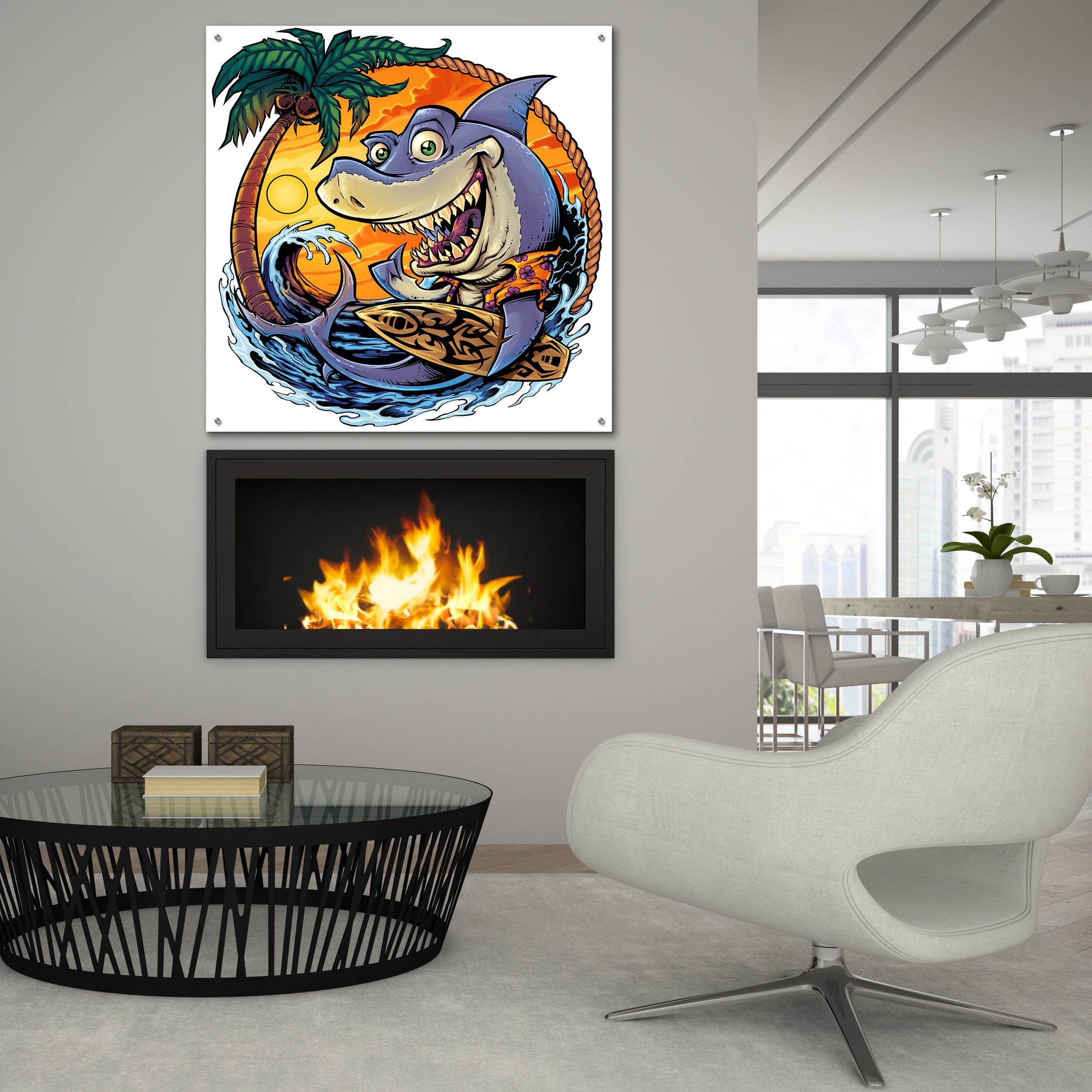 Epic Art 'Shark With Surfboard' by Flyland Designs, Acrylic Glass Wall Art,36x36