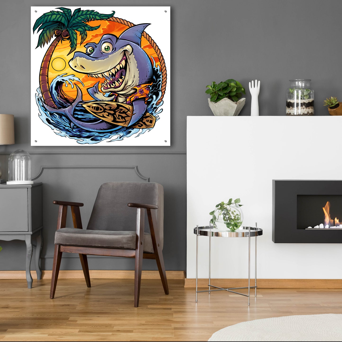 Epic Art 'Shark With Surfboard' by Flyland Designs, Acrylic Glass Wall Art,36x36