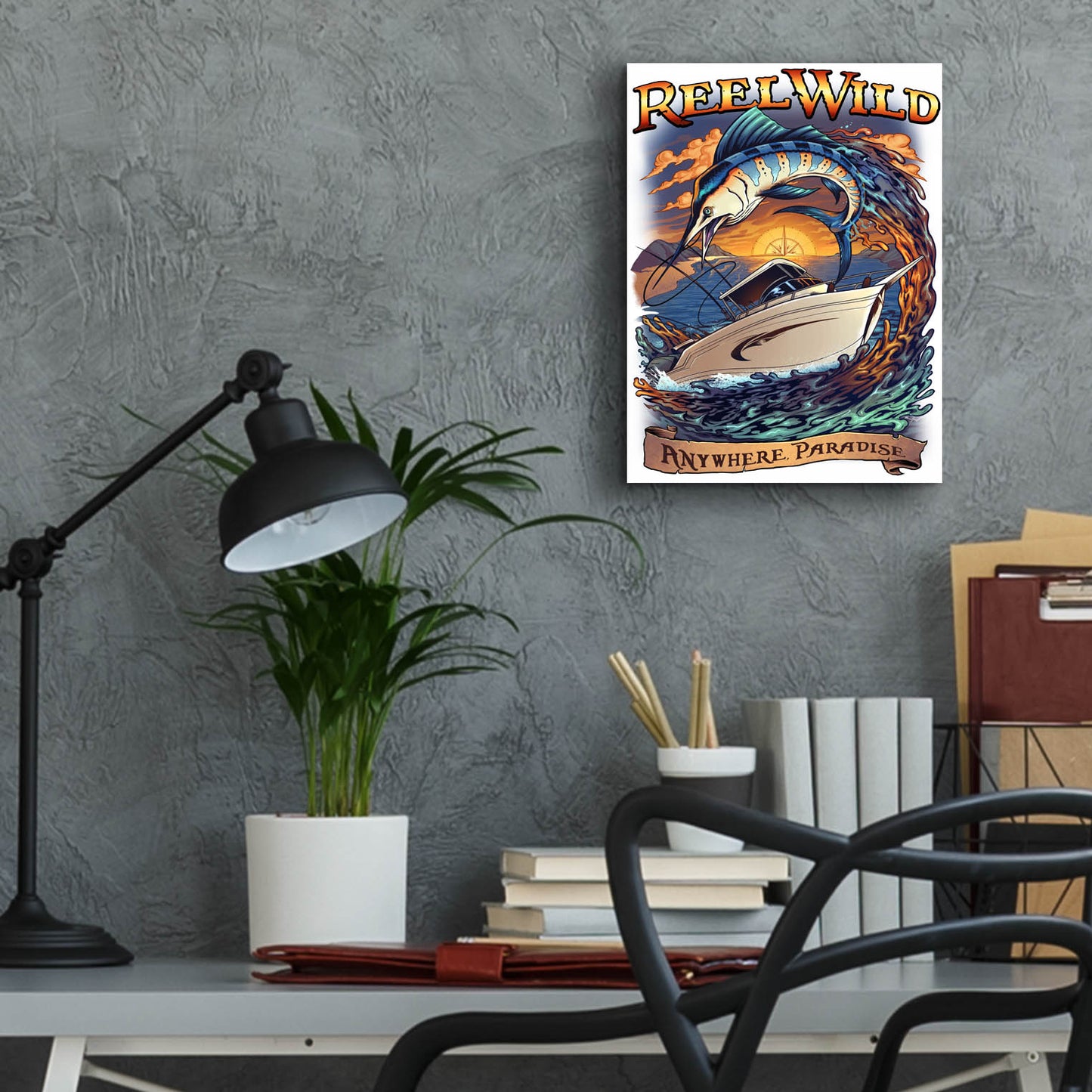 Epic Art 'Marlin Fishing Boat Reel Wild' by Flyland Designs, Acrylic Glass Wall Art,12x16