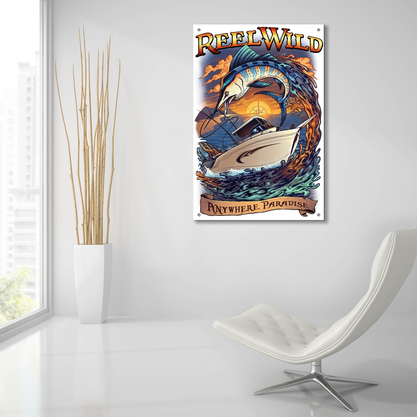 Epic Art 'Marlin Fishing Boat Reel Wild' by Flyland Designs, Acrylic Glass Wall Art,24x36