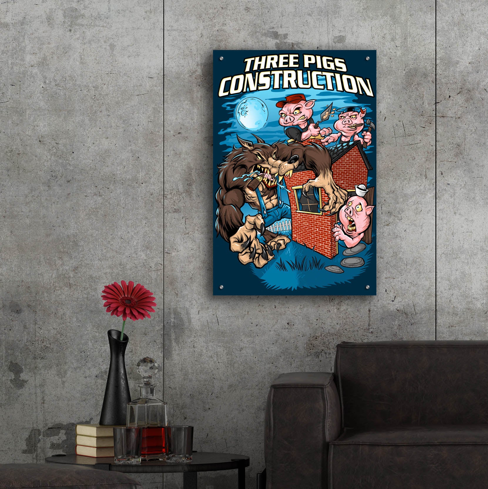 Epic Art 'Three Little Pigs Construction' by Flyland Designs, Acrylic Glass Wall Art,24x36